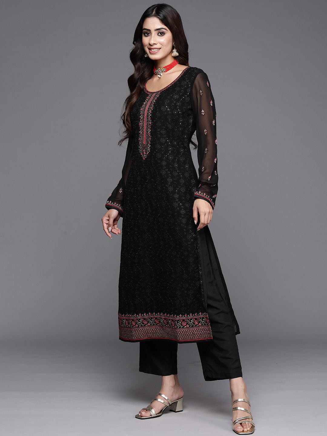 Black Embroidered Georgette Straight Kurta, Trousers and Dupatta Set