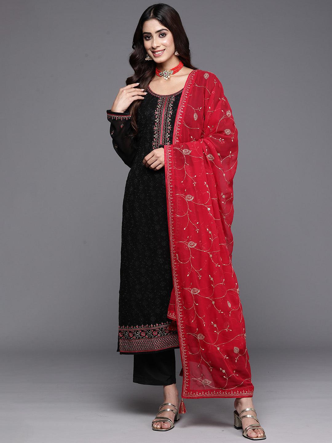 Black Embroidered Georgette Straight Kurta, Trousers and Dupatta Set