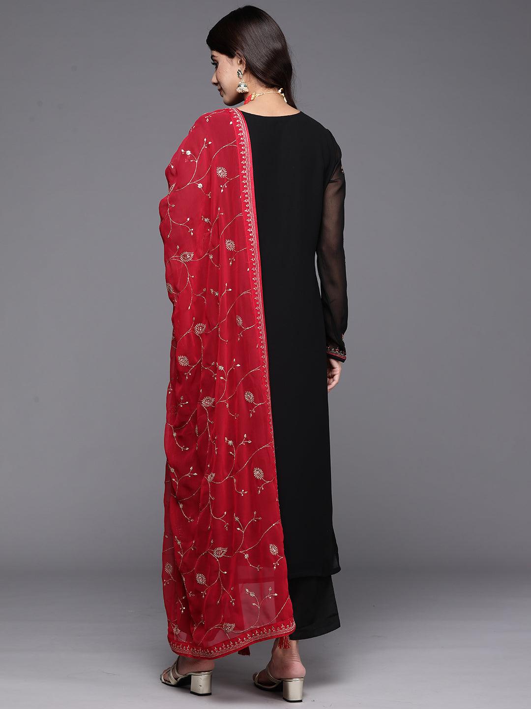 Black Embroidered Georgette Straight Kurta, Trousers and Dupatta Set