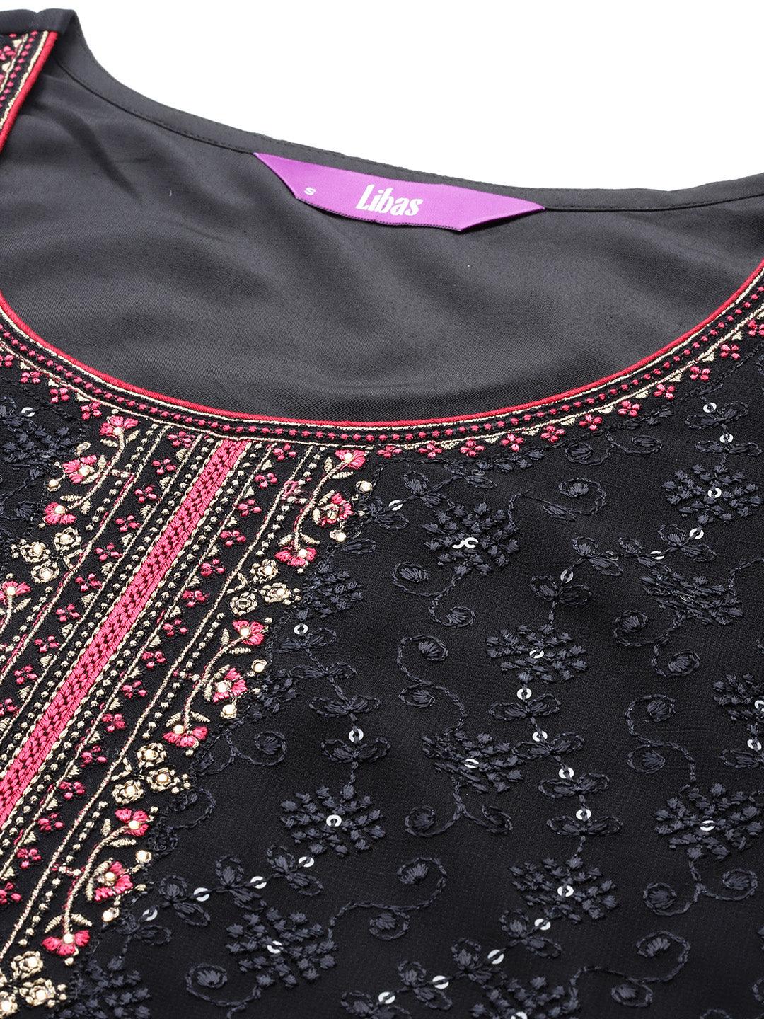 Black Embroidered Georgette Straight Kurta, Trousers and Dupatta Set