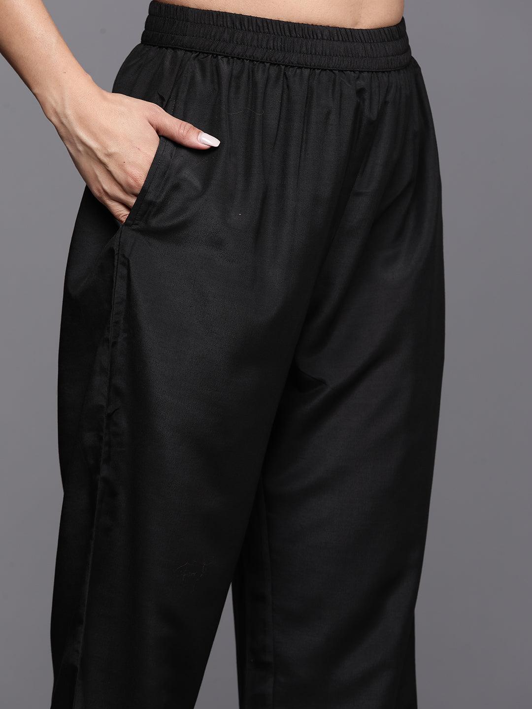 Black Embroidered Georgette Straight Kurta, Trousers and Dupatta Set