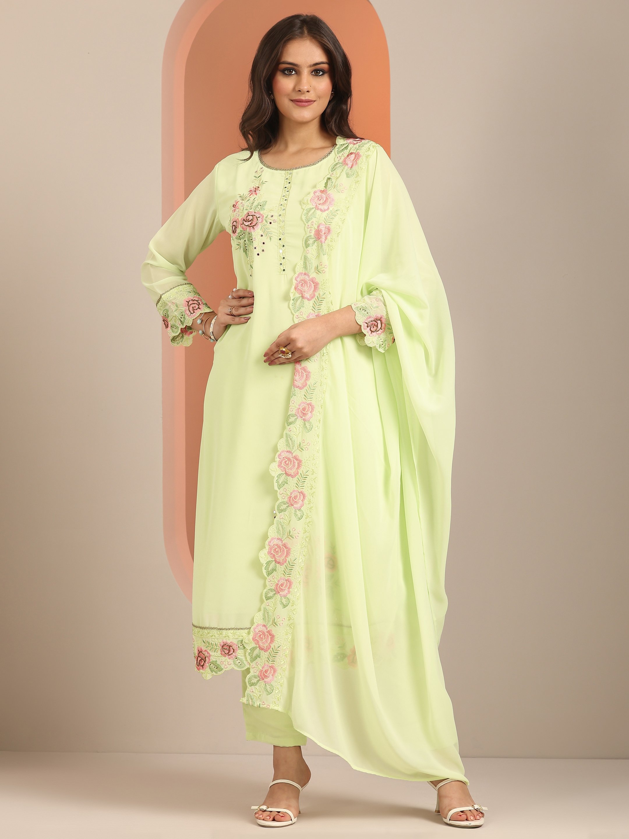 Green Embroidered Georgette Straight Kurta, Trousers and Dupatta Set