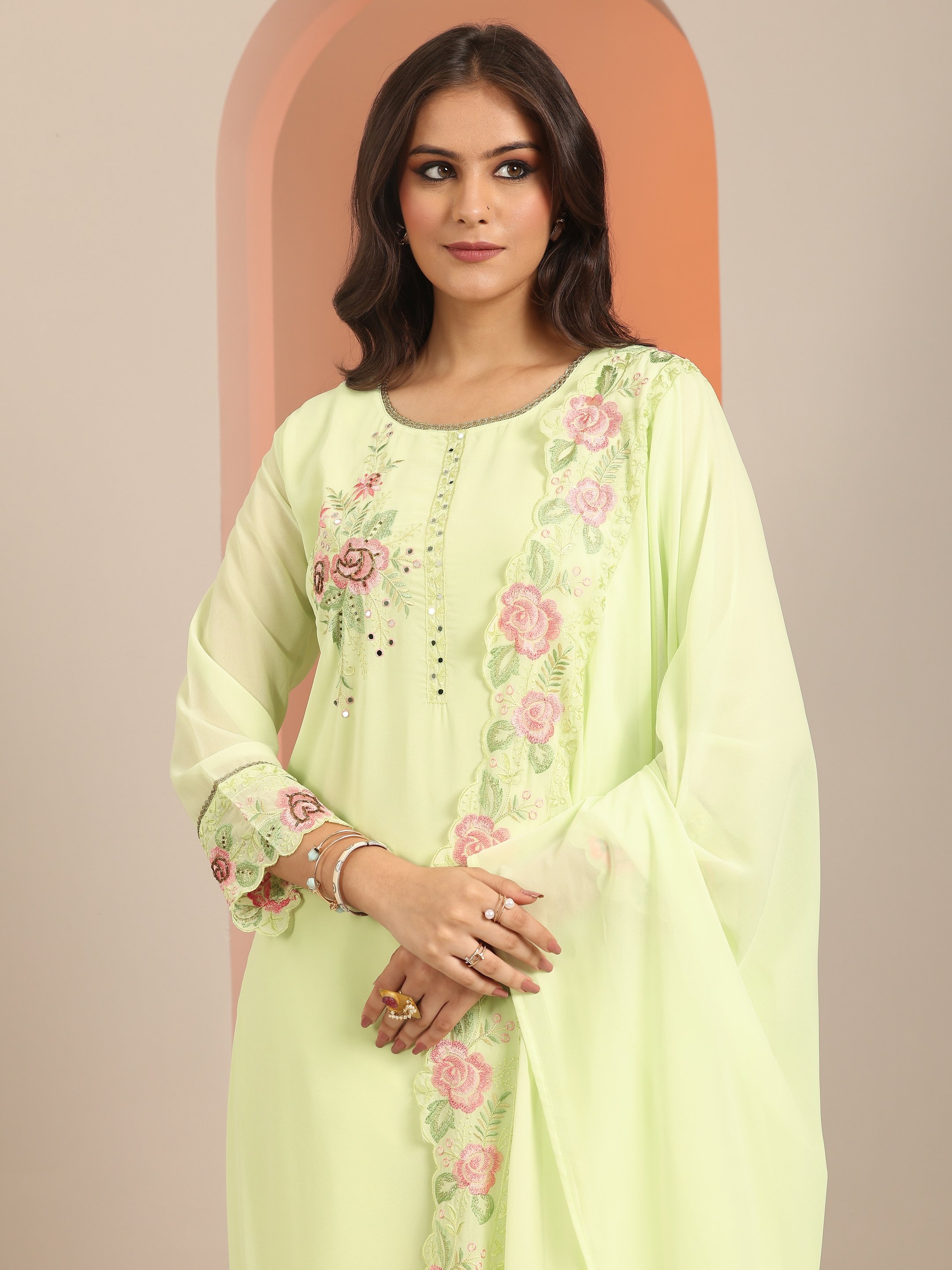 Green Embroidered Georgette Straight Kurta, Trousers and Dupatta Set