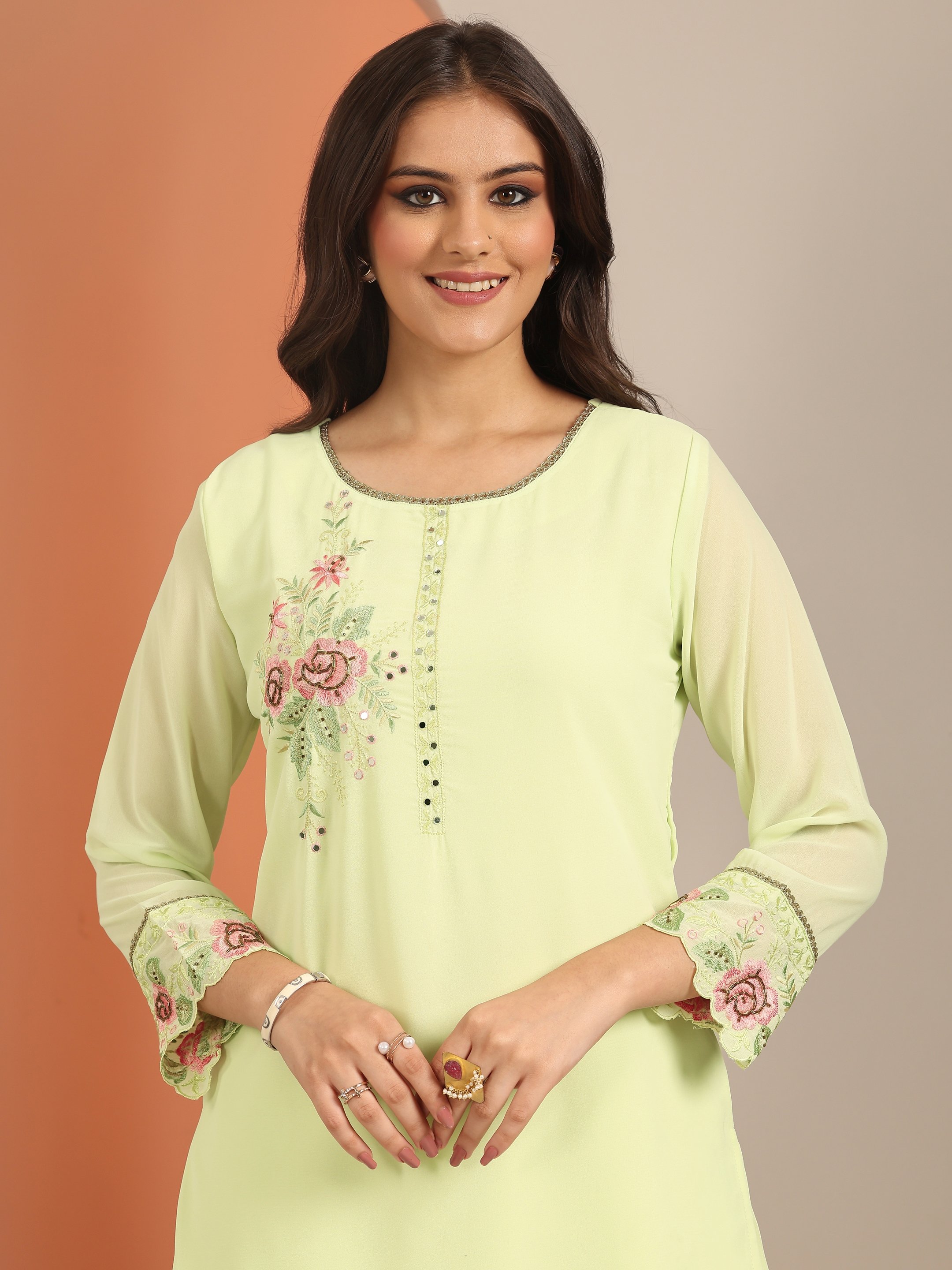 Green Embroidered Georgette Straight Kurta, Trousers and Dupatta Set