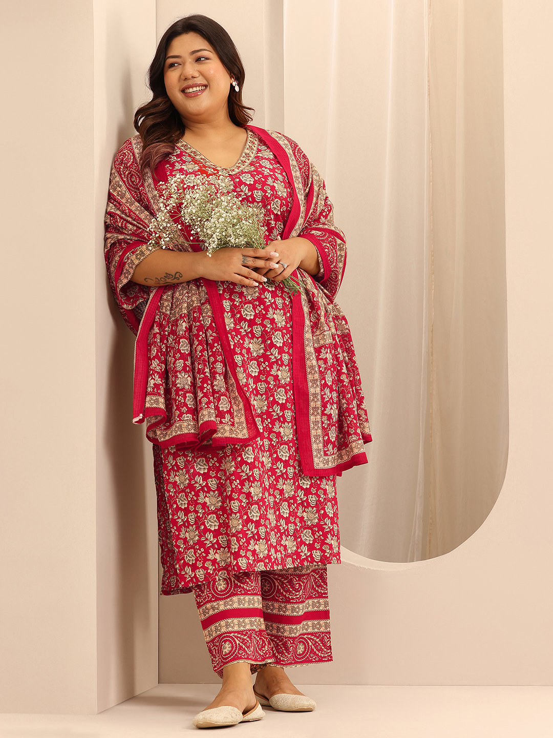 Plus Size Printed Cotton Straight Kurta, Trouser and Dupatta Set