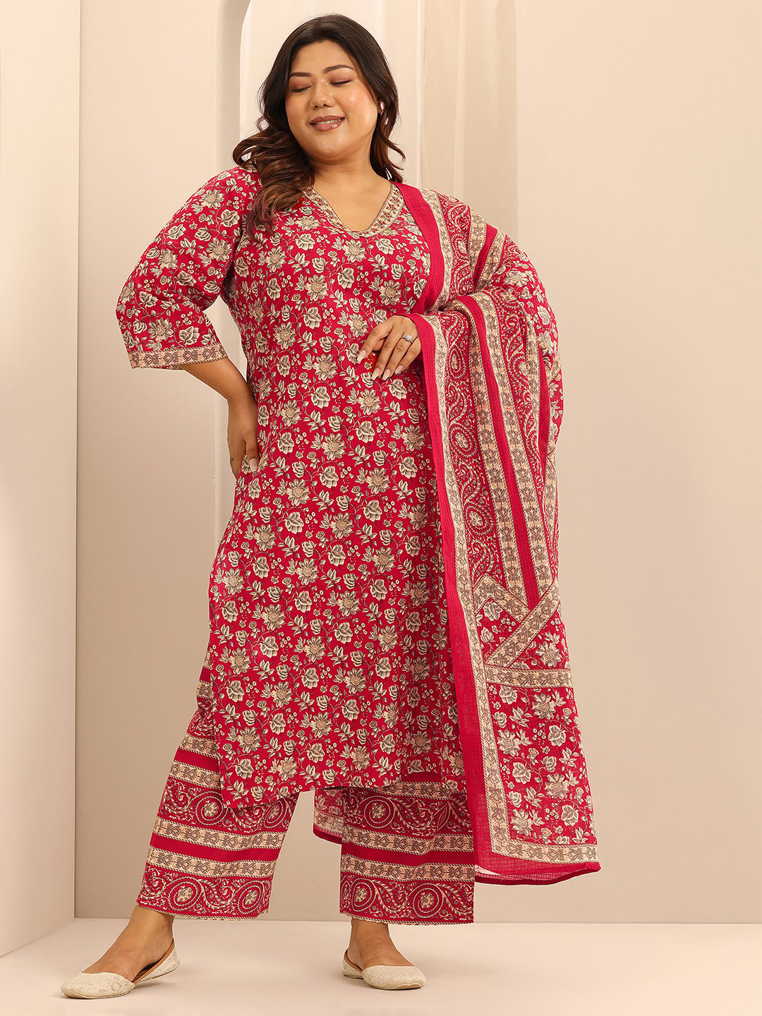Plus Size Printed Cotton Straight Kurta, Trouser and Dupatta Set