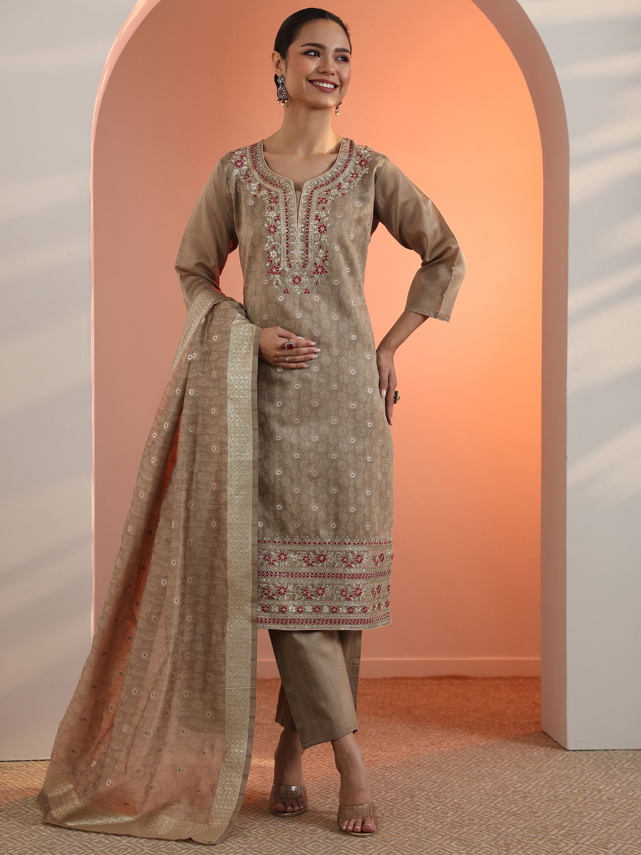 Tan Embroidered Silk Blend Straight Kurta, Trousers and Dupatta Set