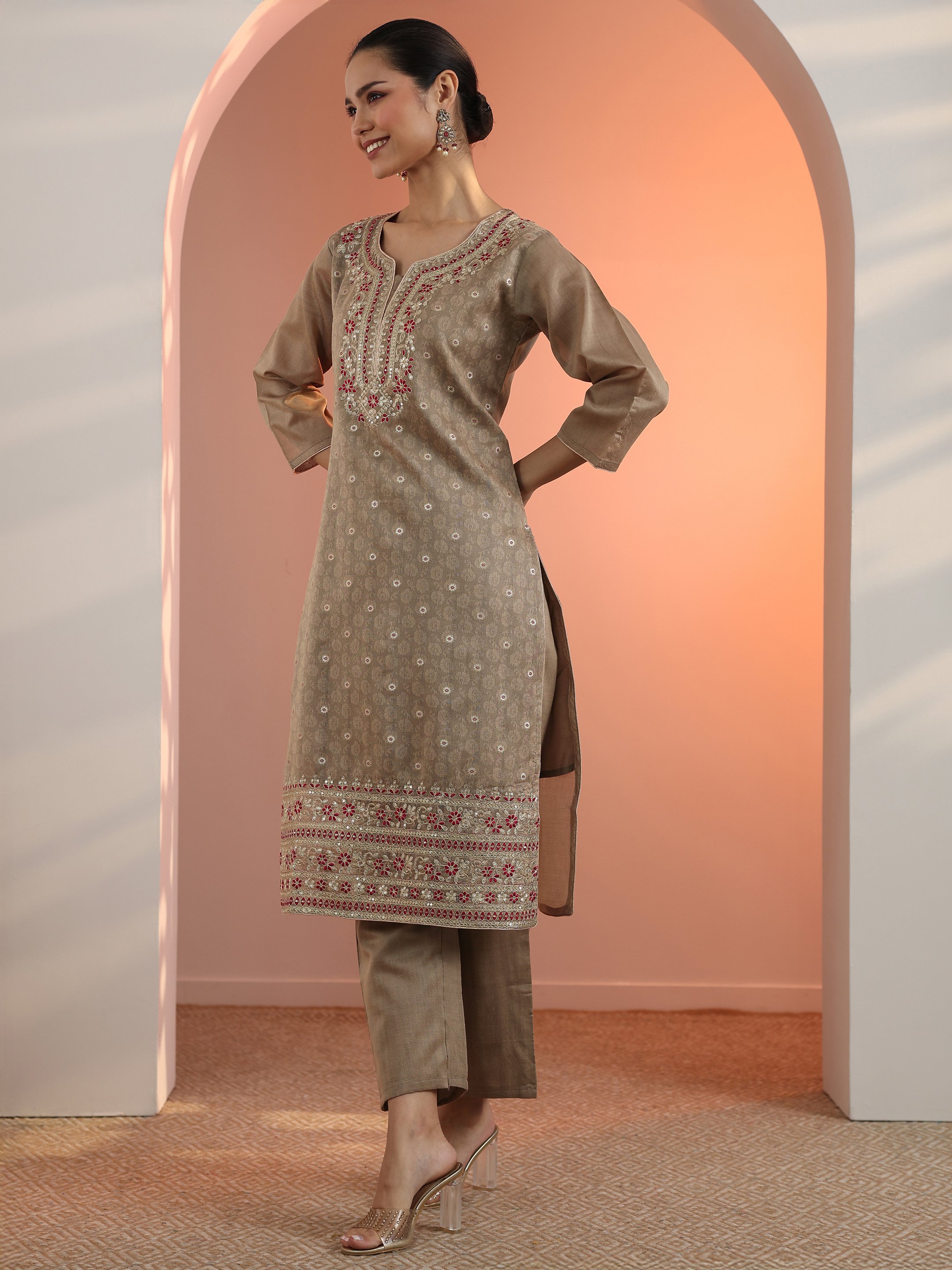 Tan Embroidered Silk Blend Straight Kurta, Trousers and Dupatta Set
