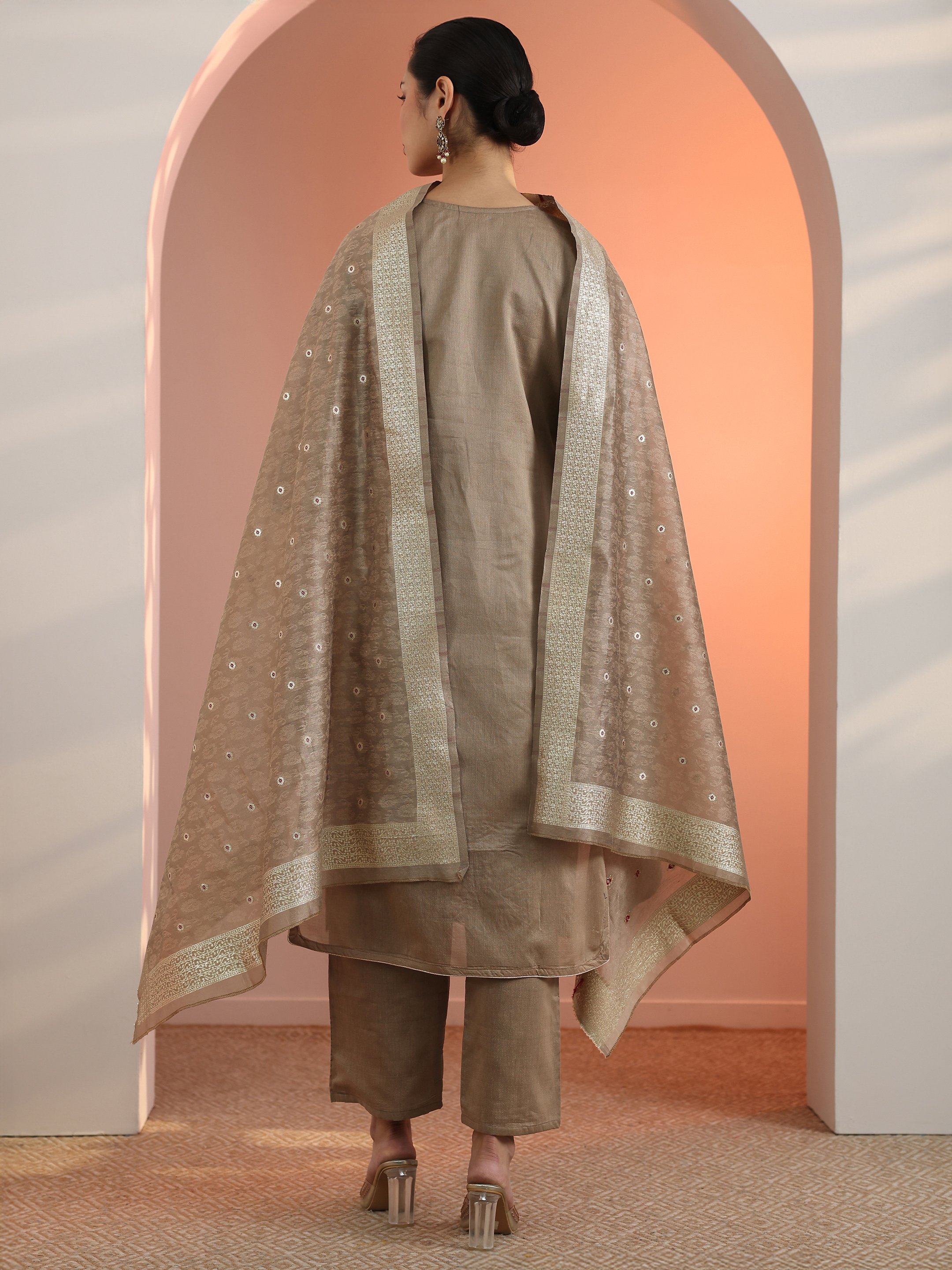 Tan Embroidered Silk Blend Straight Kurta, Trousers and Dupatta Set