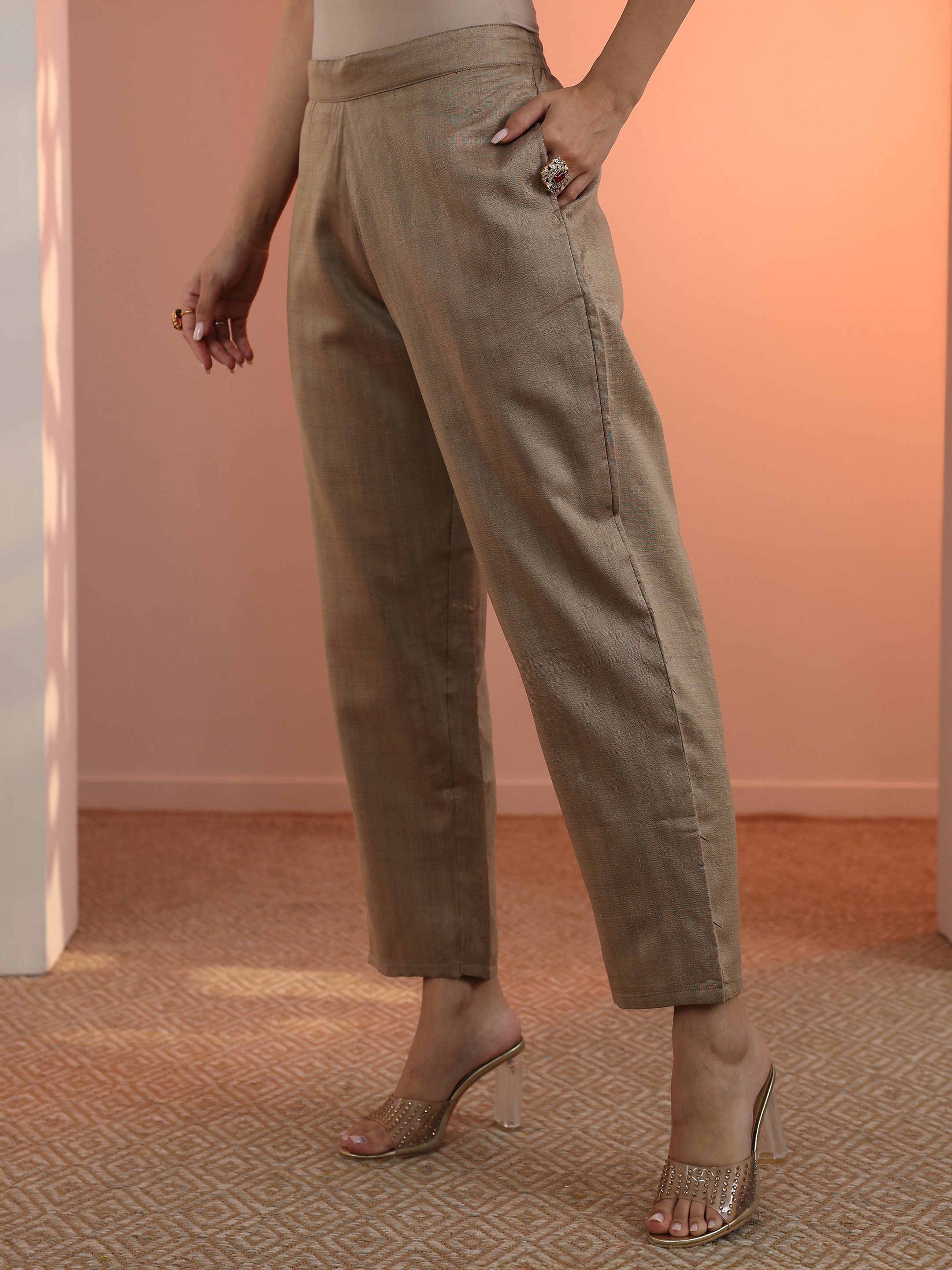Tan Embroidered Silk Blend Straight Kurta, Trousers and Dupatta Set