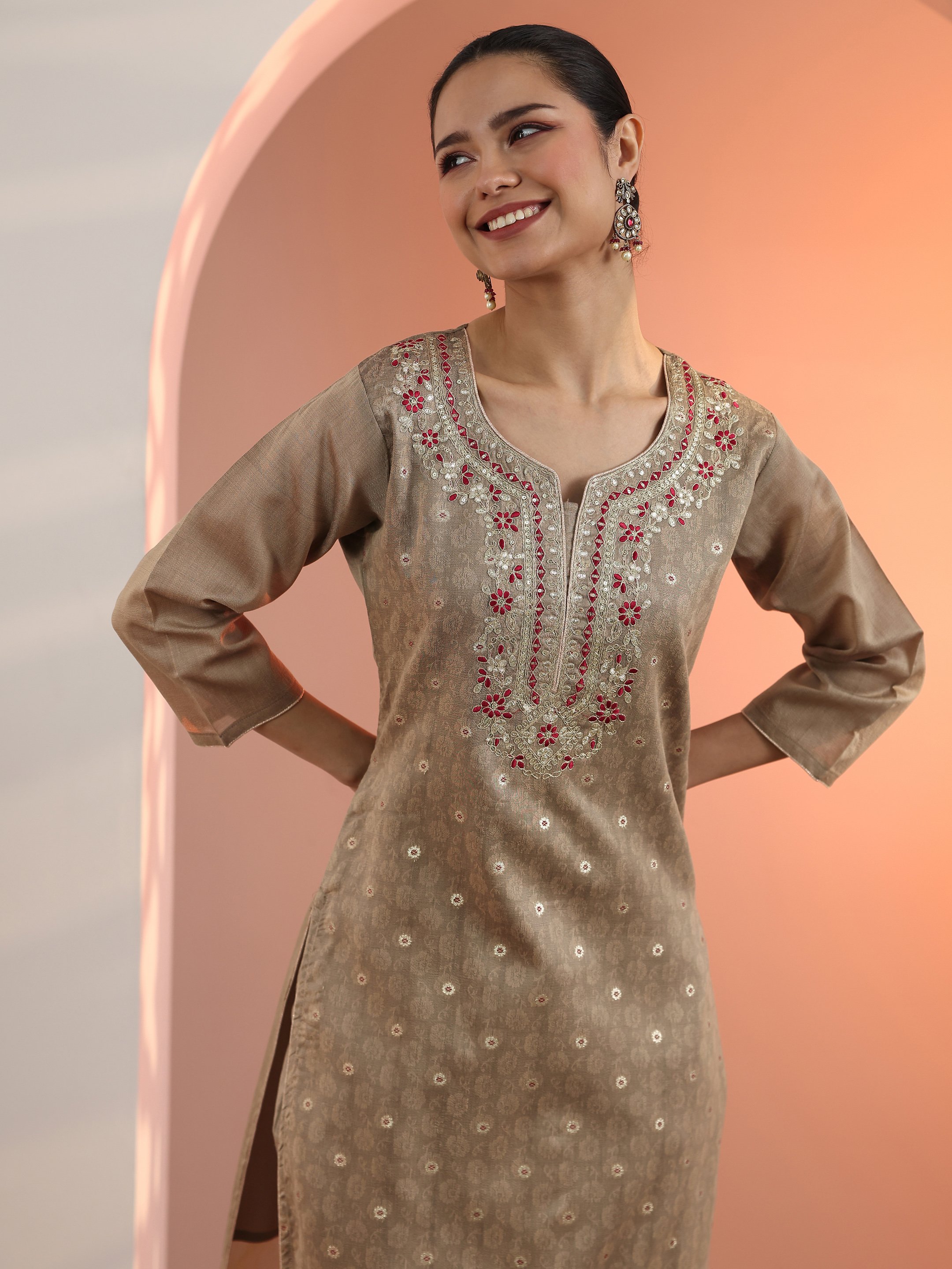 Tan Embroidered Silk Blend Straight Kurta, Trousers and Dupatta Set