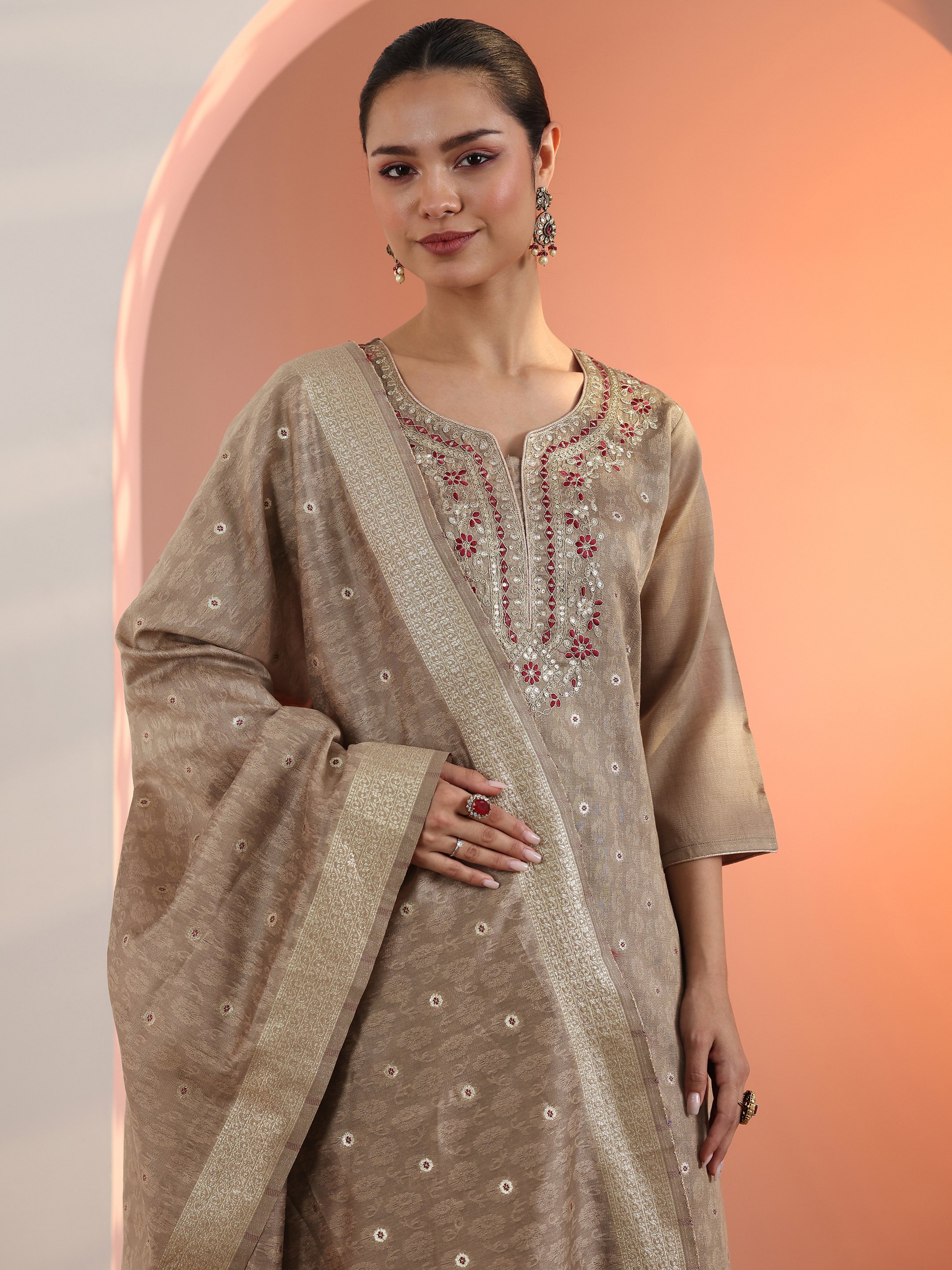 Tan Embroidered Silk Blend Straight Kurta, Trousers and Dupatta Set