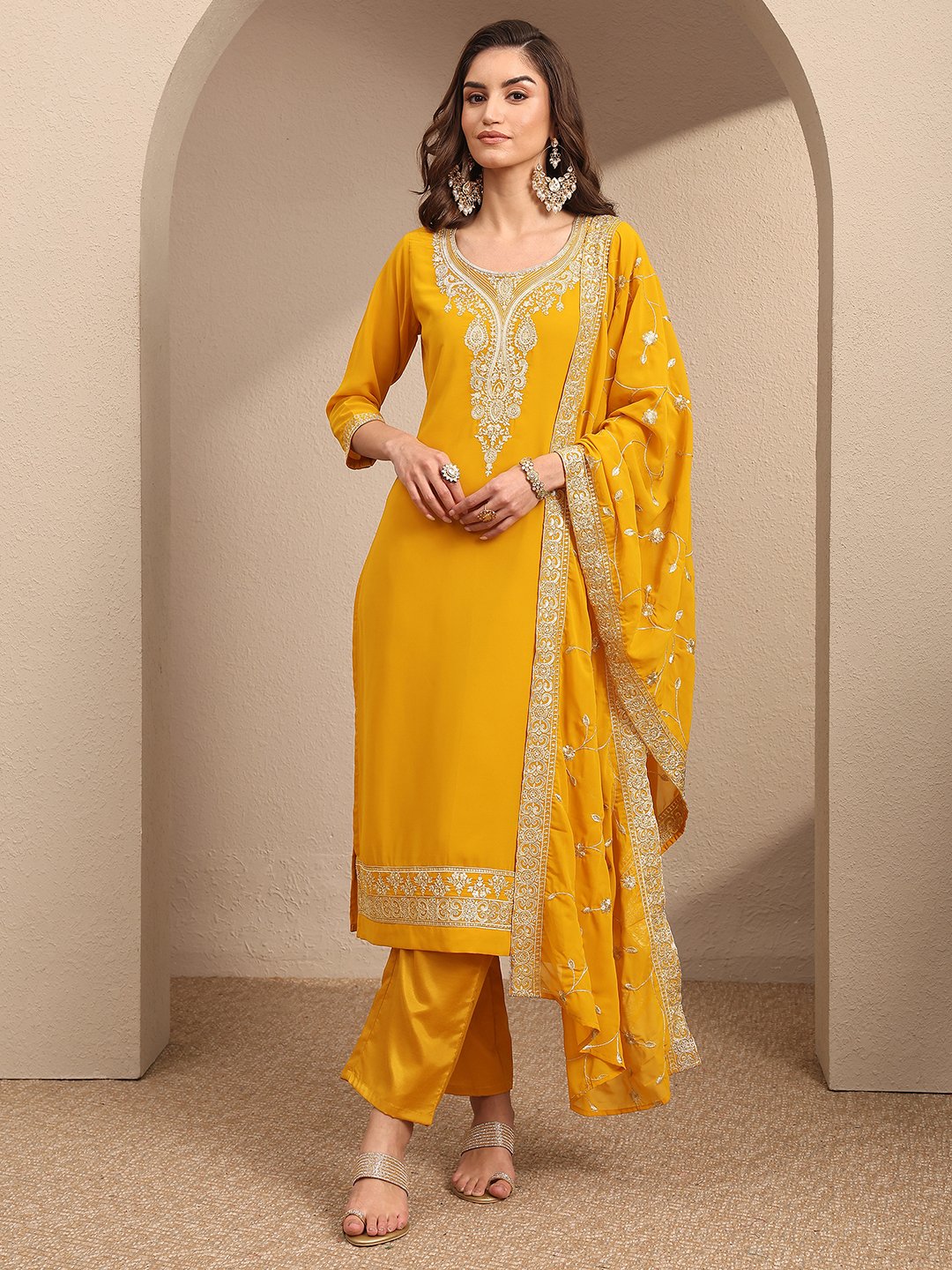 Yellow Yoke Design Georgette Straight Kurta, Trousers and Dupatta Set
