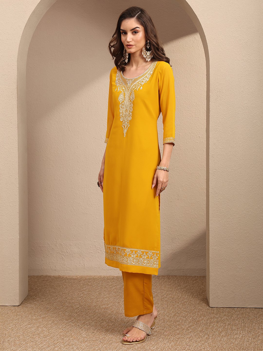 Yellow Yoke Design Georgette Straight Kurta, Trousers and Dupatta Set