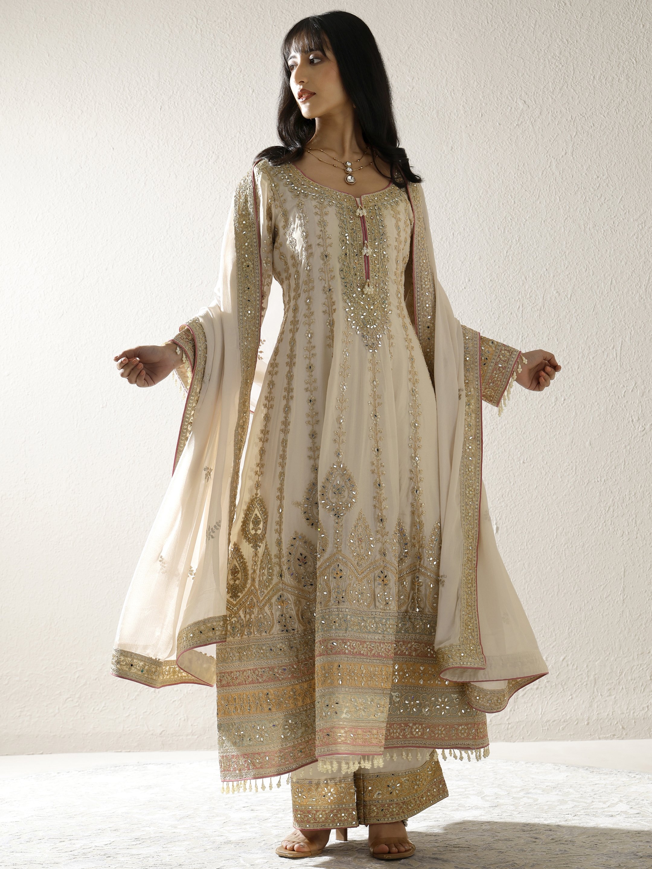Gold Embroidered Chinon Anarkali Kurta, Palazzo and Dupatta Set