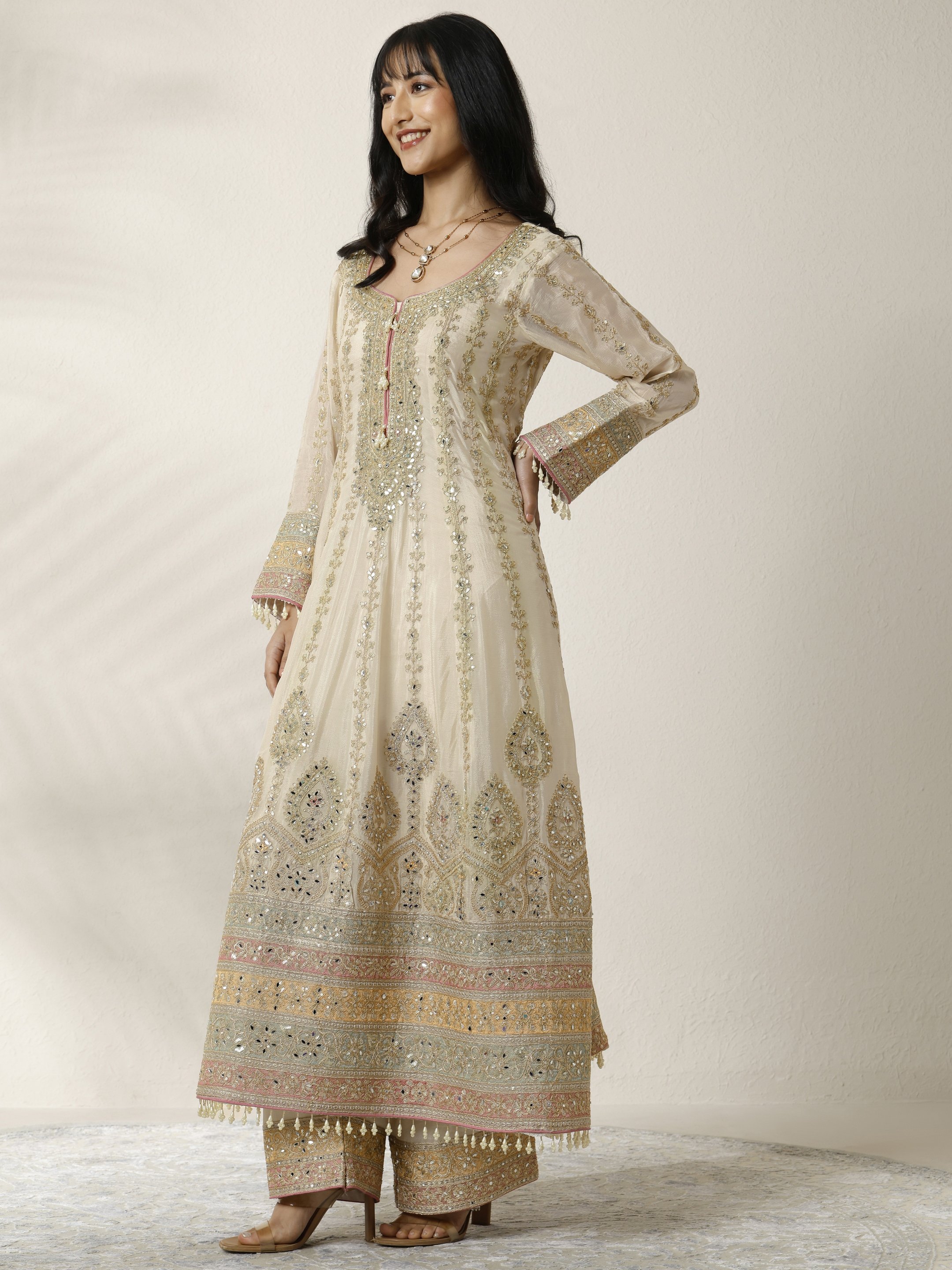 Gold Embroidered Chinon Anarkali Kurta, Palazzo and Dupatta Set