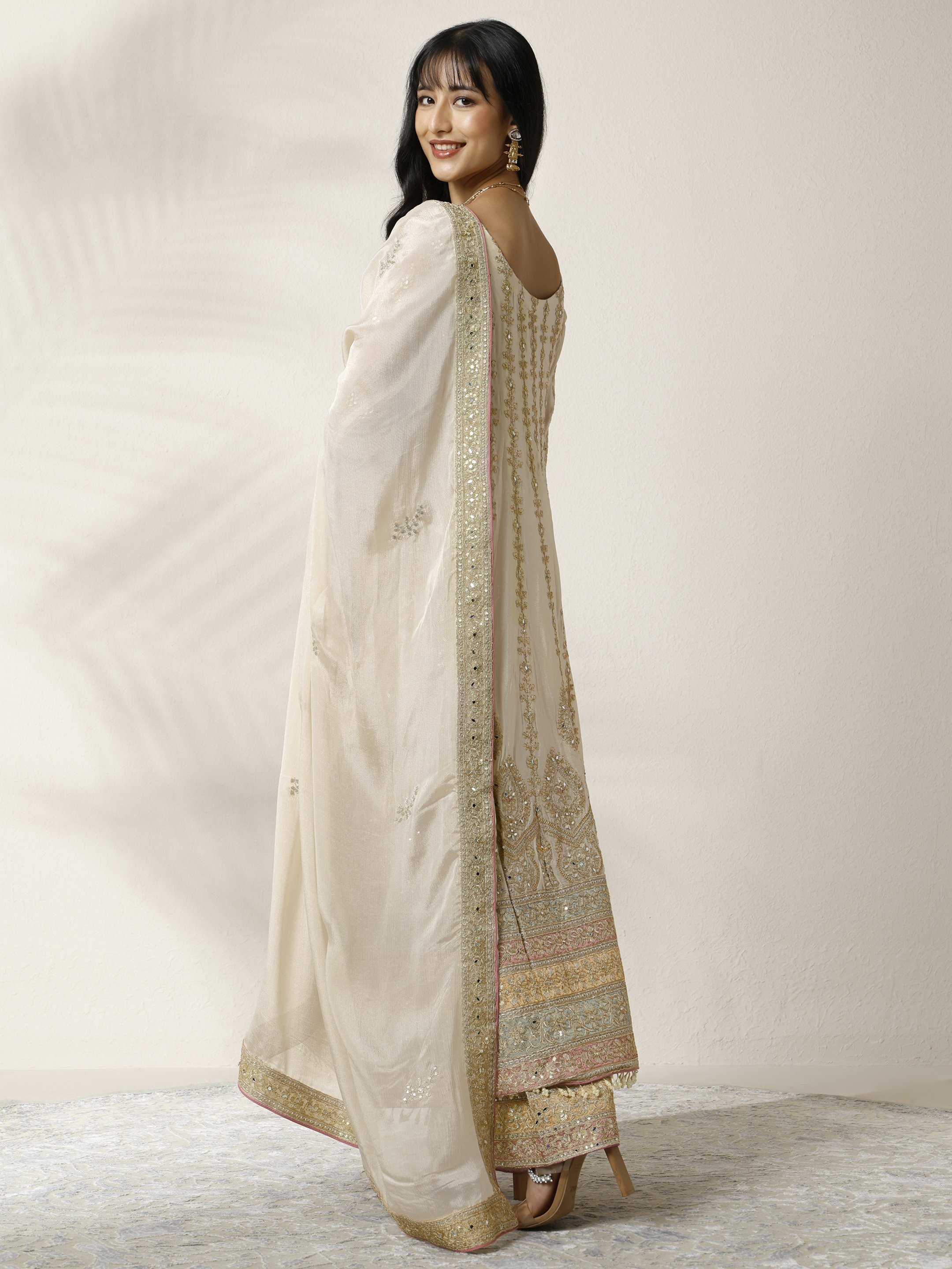 Gold Embroidered Chinon Anarkali Kurta, Palazzo and Dupatta Set