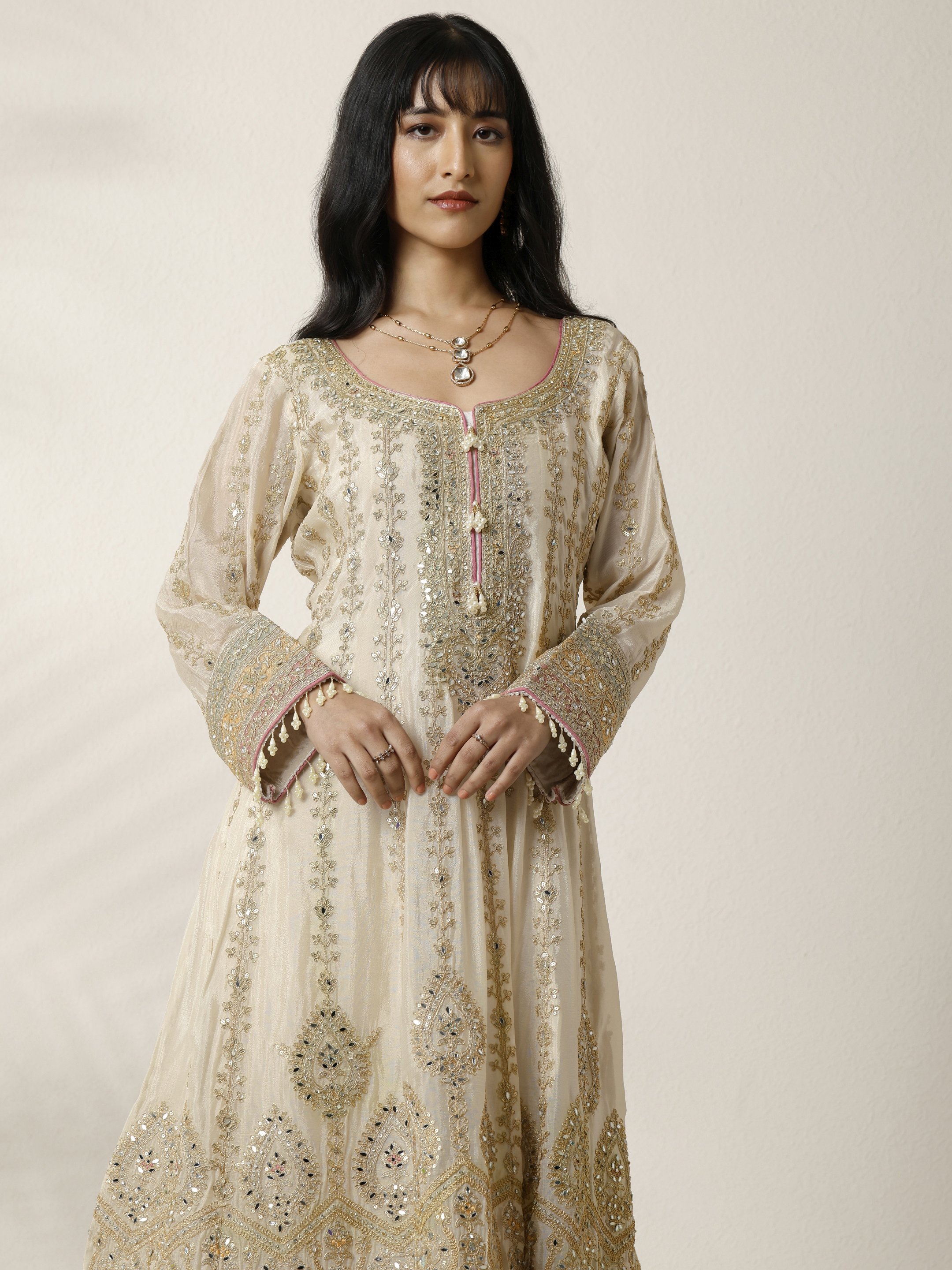 Gold Embroidered Chinon Anarkali Kurta, Palazzo and Dupatta Set