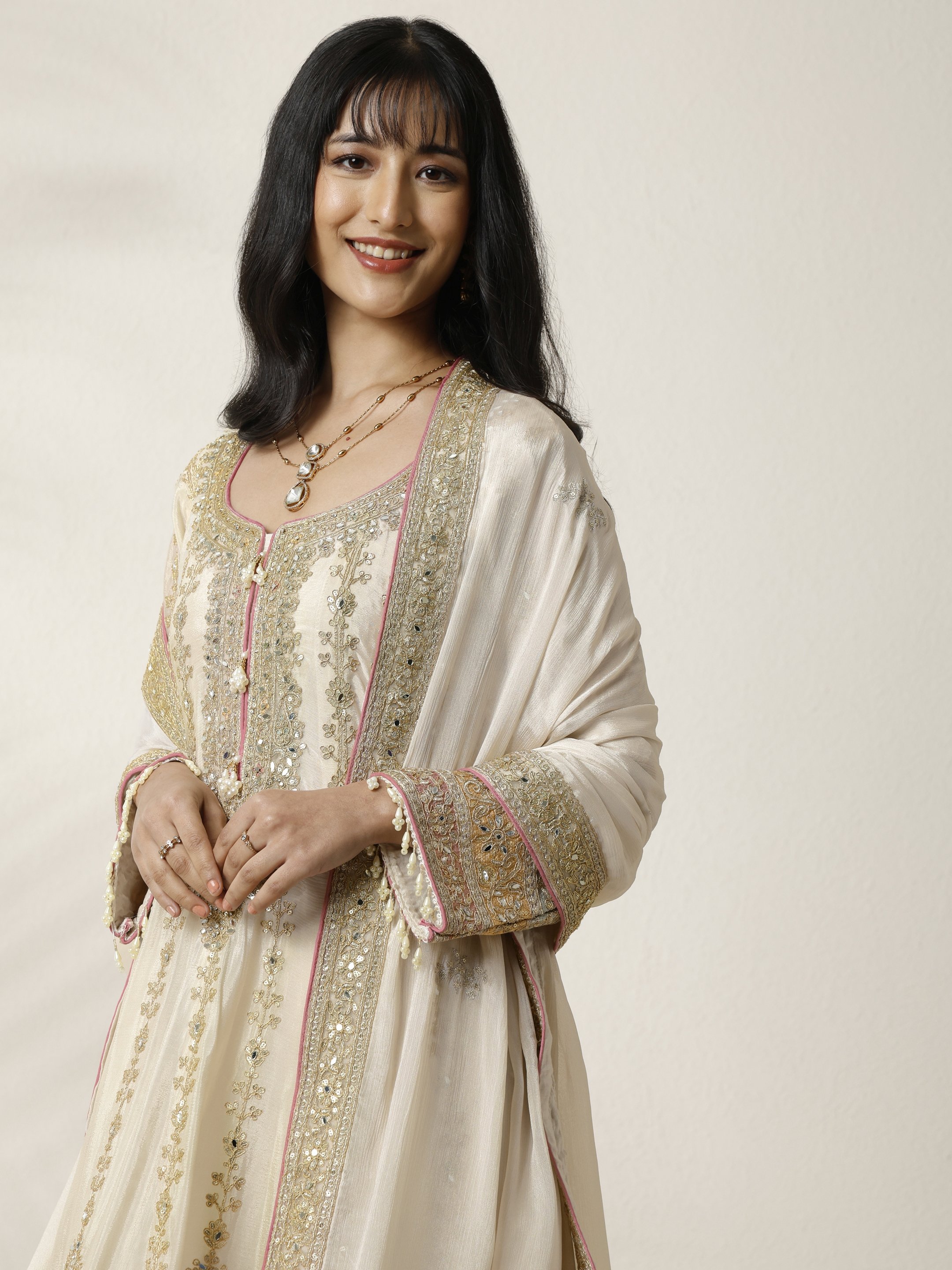 Gold Embroidered Chinon Anarkali Kurta, Palazzo and Dupatta Set