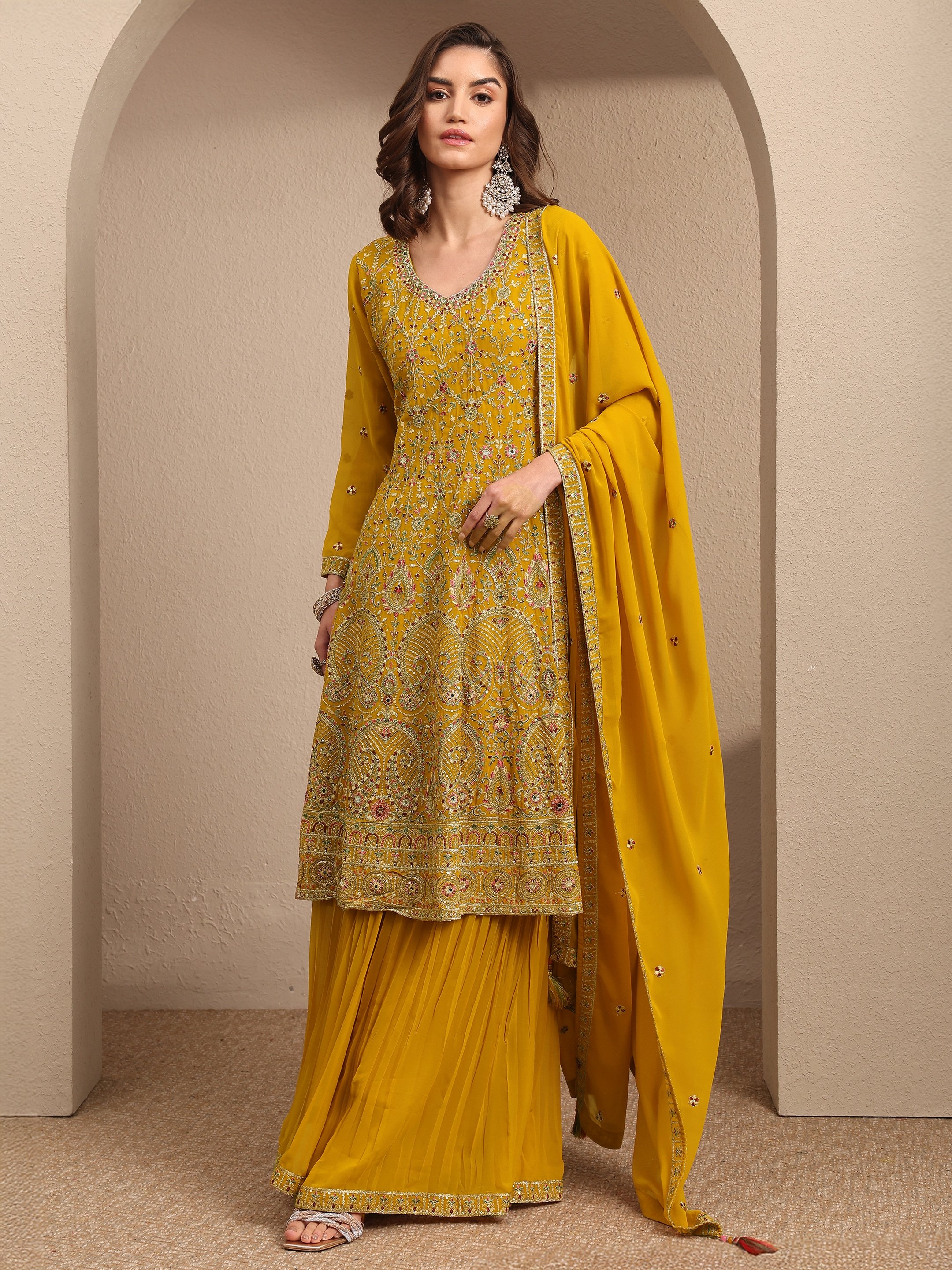Mustard Embroidered Georgette A-Line Kurta, Palazzo and Dupatta Set