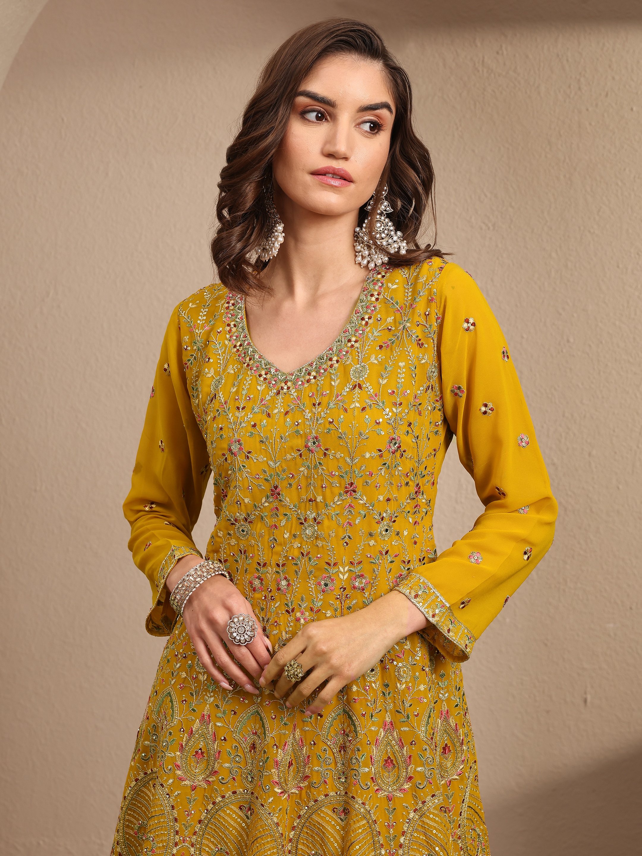 Mustard Embroidered Georgette A-Line Kurta, Palazzo and Dupatta Set