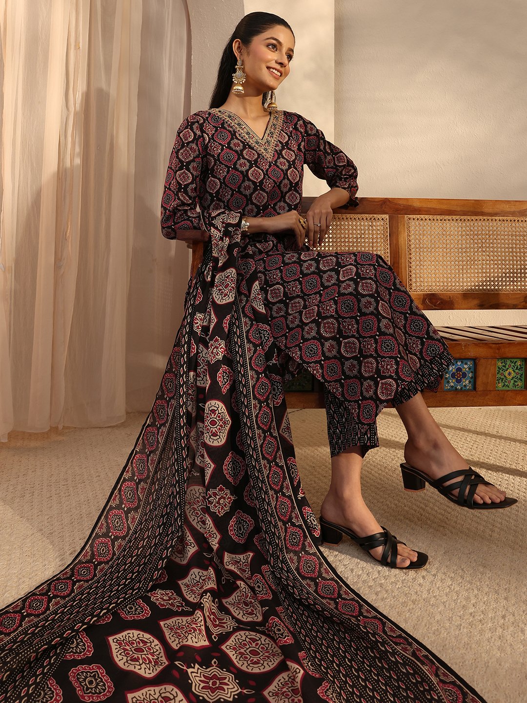 Black Printed Cotton Blend Straight Kurta, Trousers and Dupatta Set