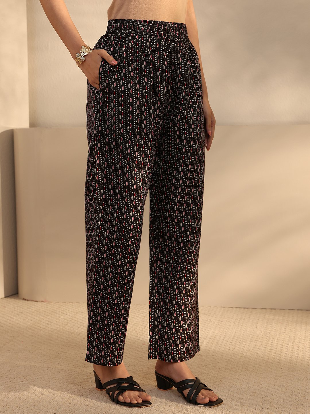Black Printed Cotton Blend Straight Kurta, Trousers and Dupatta Set