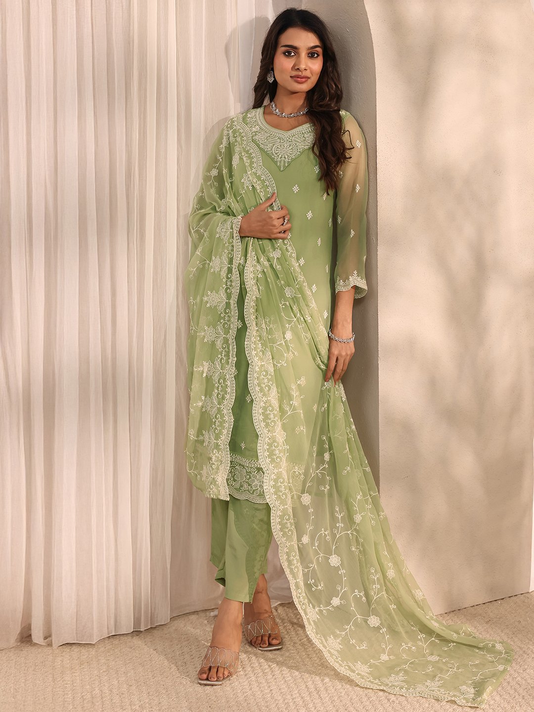 Green Embroidered Chiffon Straight Kurta, Trousers and Dupatta Set