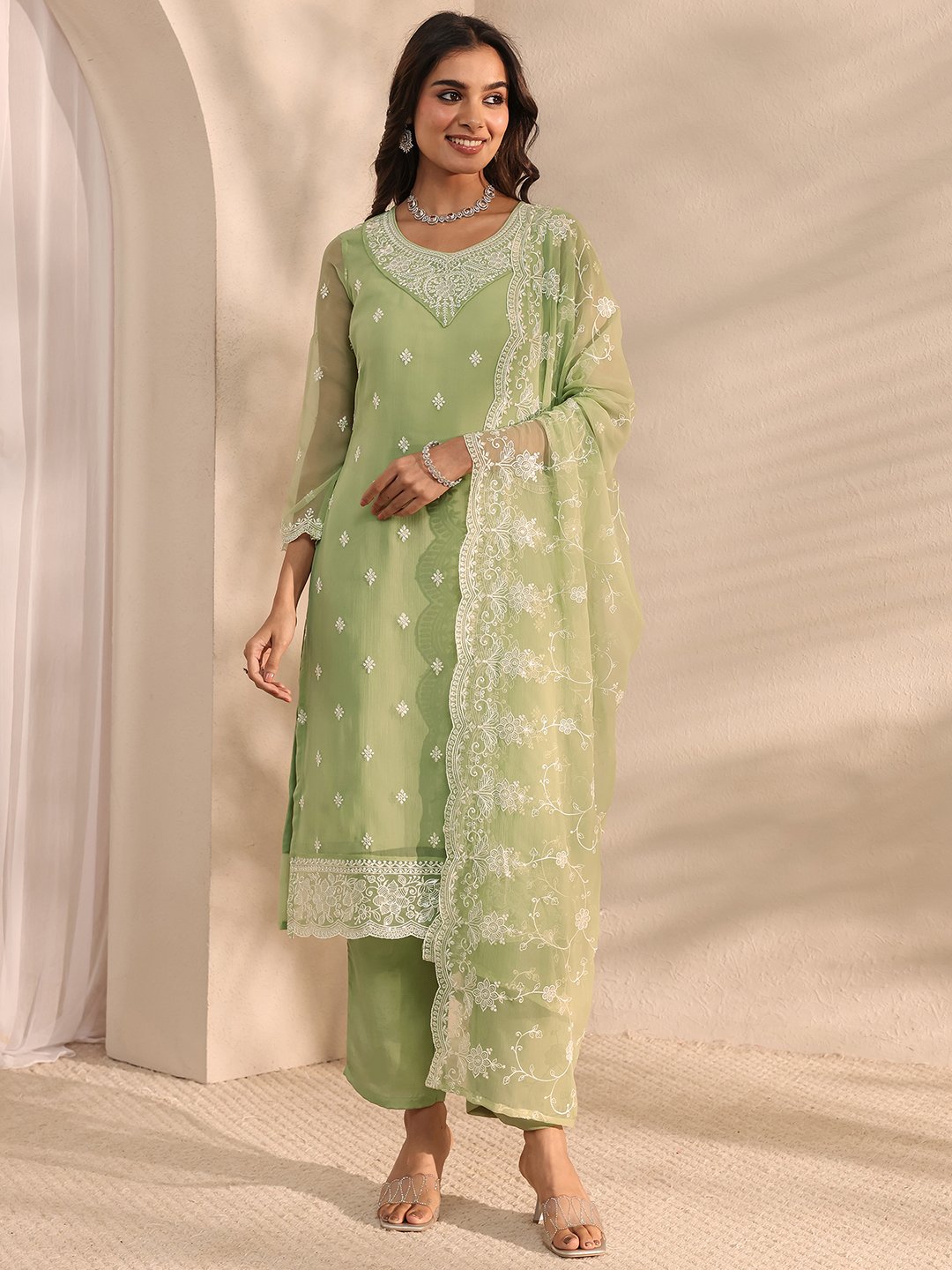 Green Embroidered Chiffon Straight Kurta, Trousers and Dupatta Set