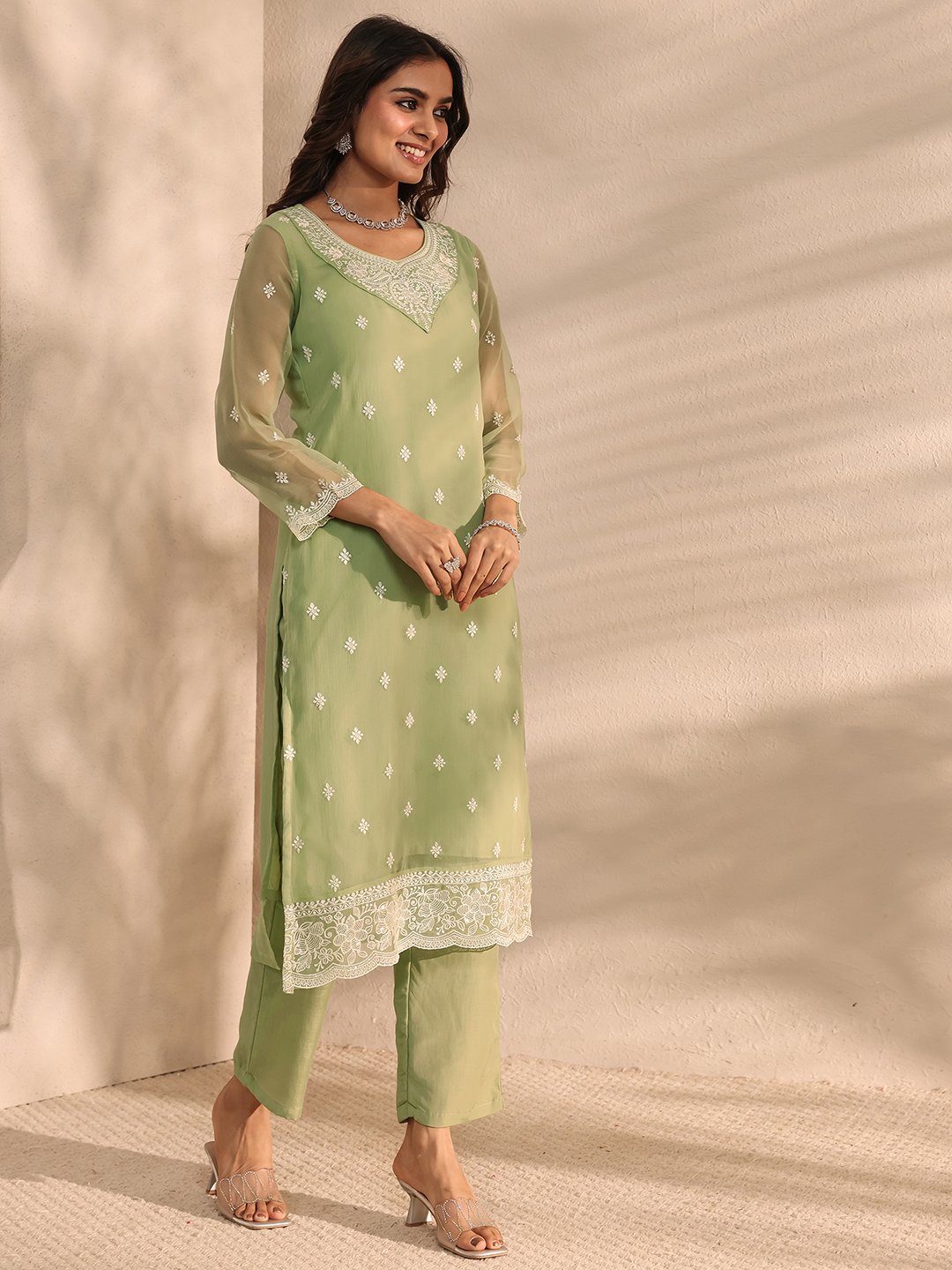 Green Embroidered Chiffon Straight Kurta, Trousers and Dupatta Set