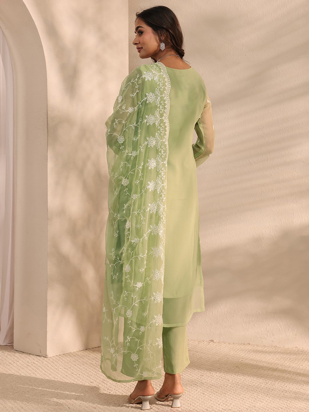 Green Embroidered Chiffon Straight Kurta, Trousers and Dupatta Set