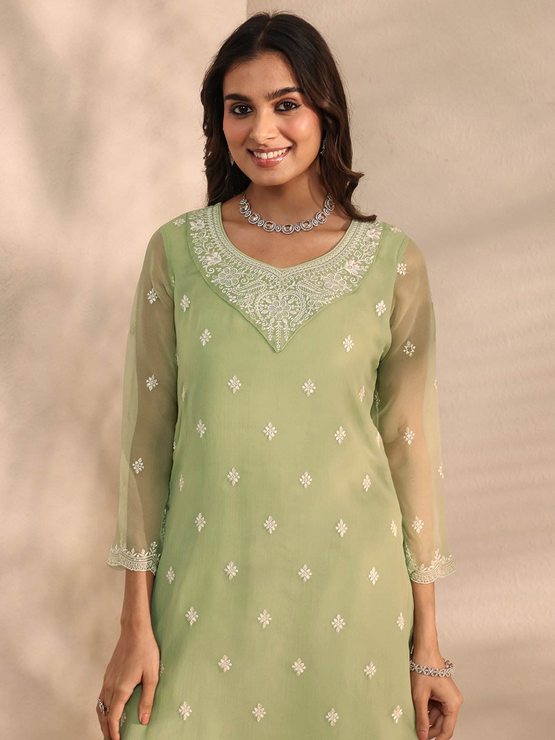 Green Embroidered Chiffon Straight Kurta, Trousers and Dupatta Set