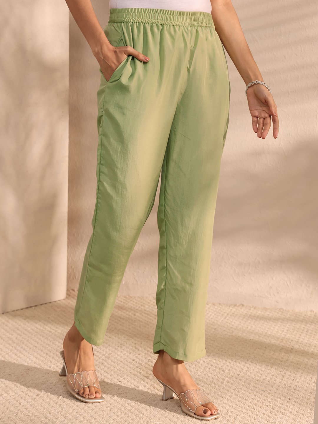 Green Embroidered Chiffon Straight Kurta, Trousers and Dupatta Set