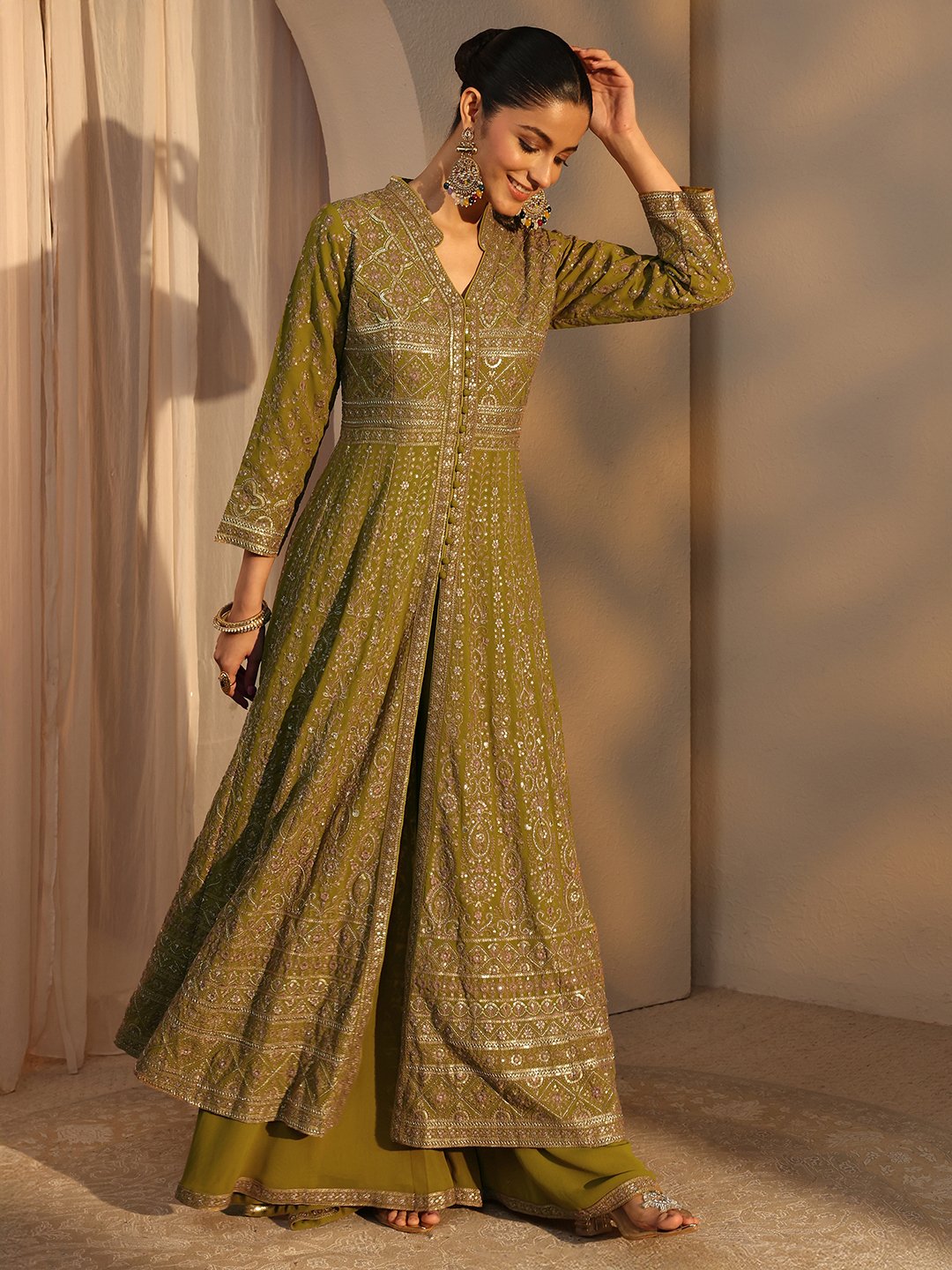 Green Embroidered Georgette A-Line Kurta, Palazzo and Dupatta Set