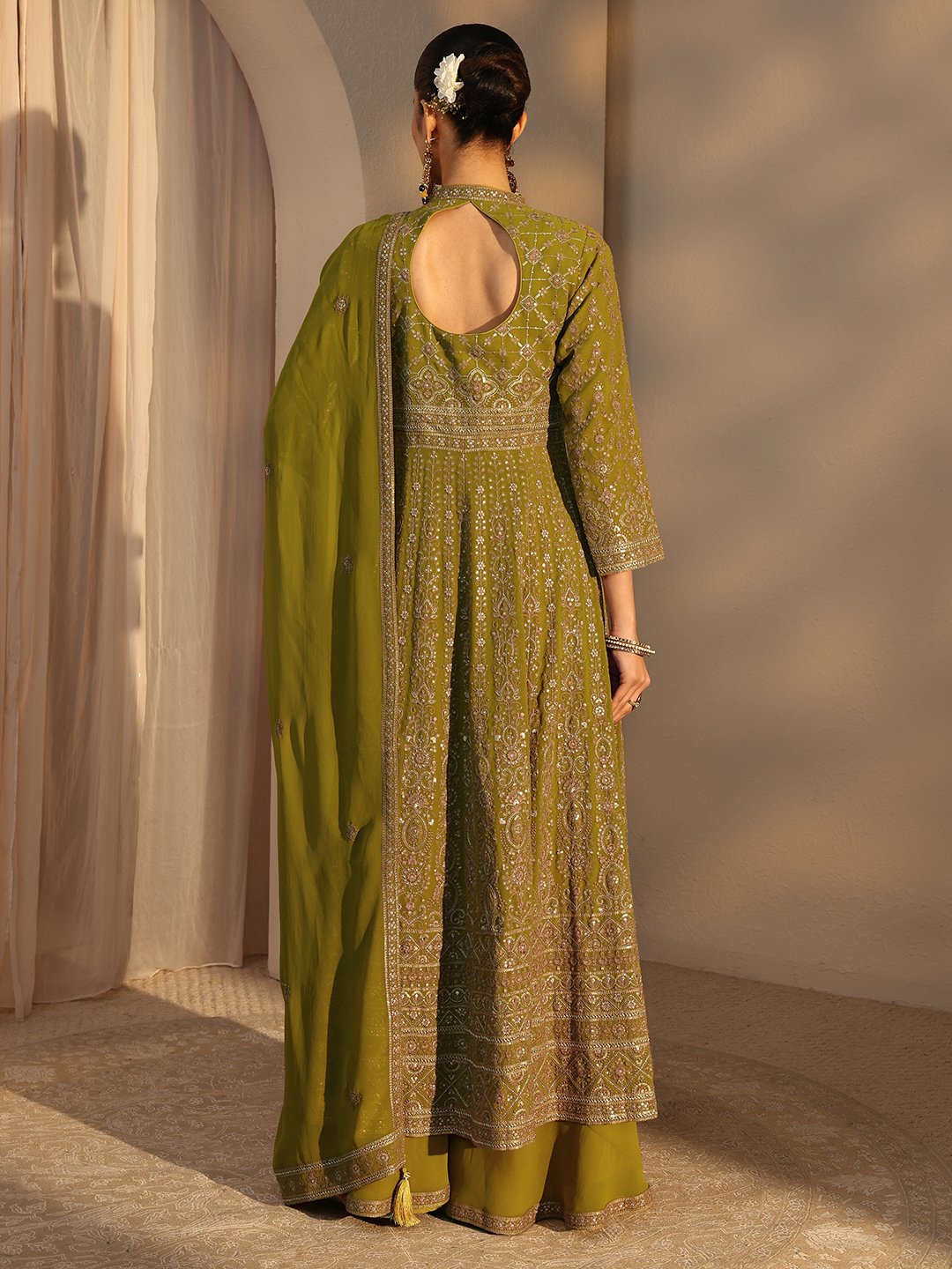 Green Embroidered Georgette A-Line Kurta, Palazzo and Dupatta Set