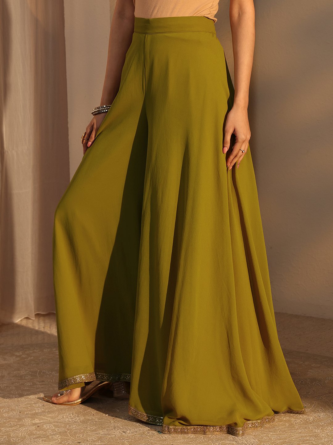 Green Embroidered Georgette A-Line Kurta, Palazzo and Dupatta Set