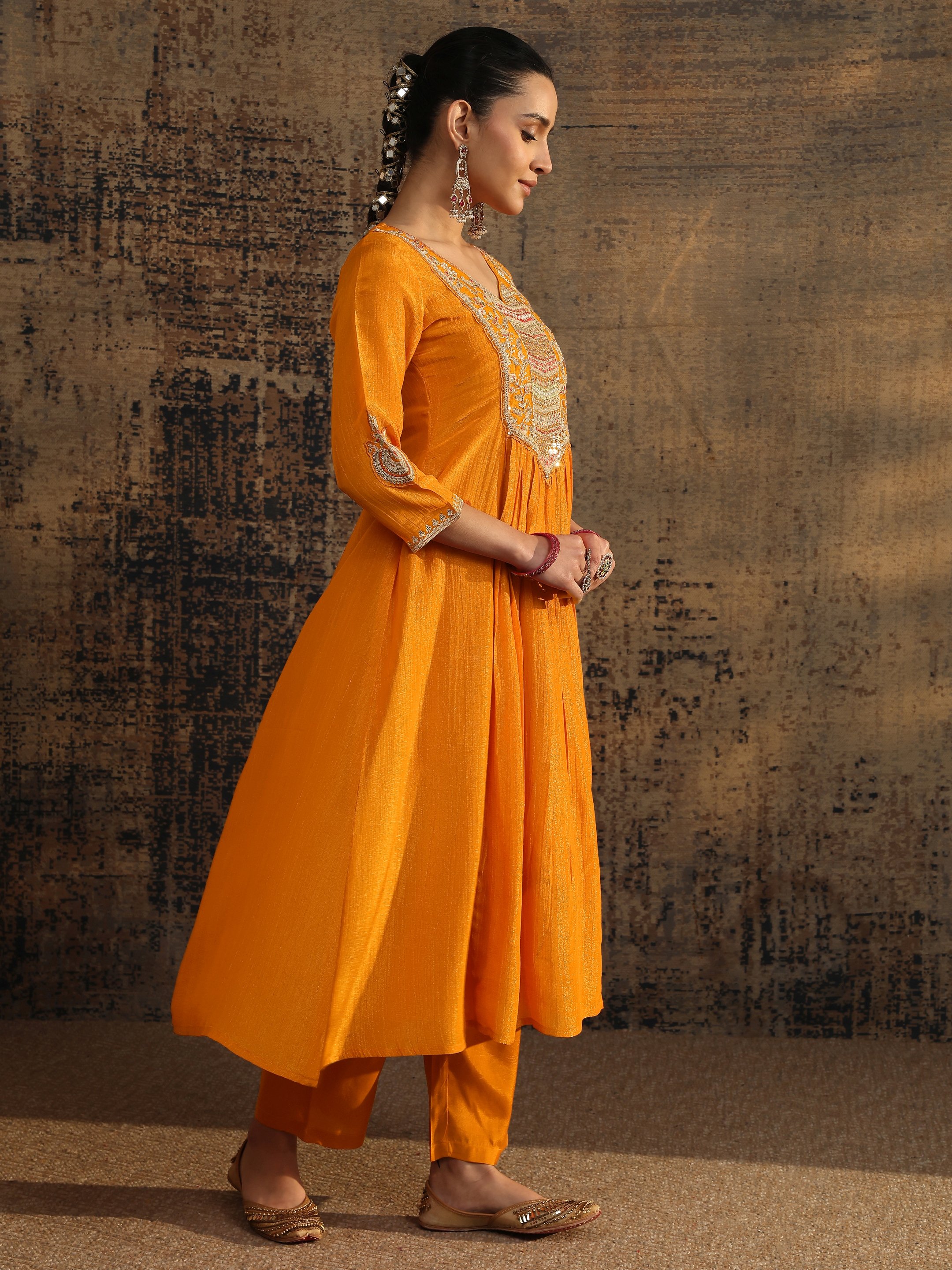 Orange Embroidered Silk Blend Anarkali Kurta, Trousers and Dupatta Set