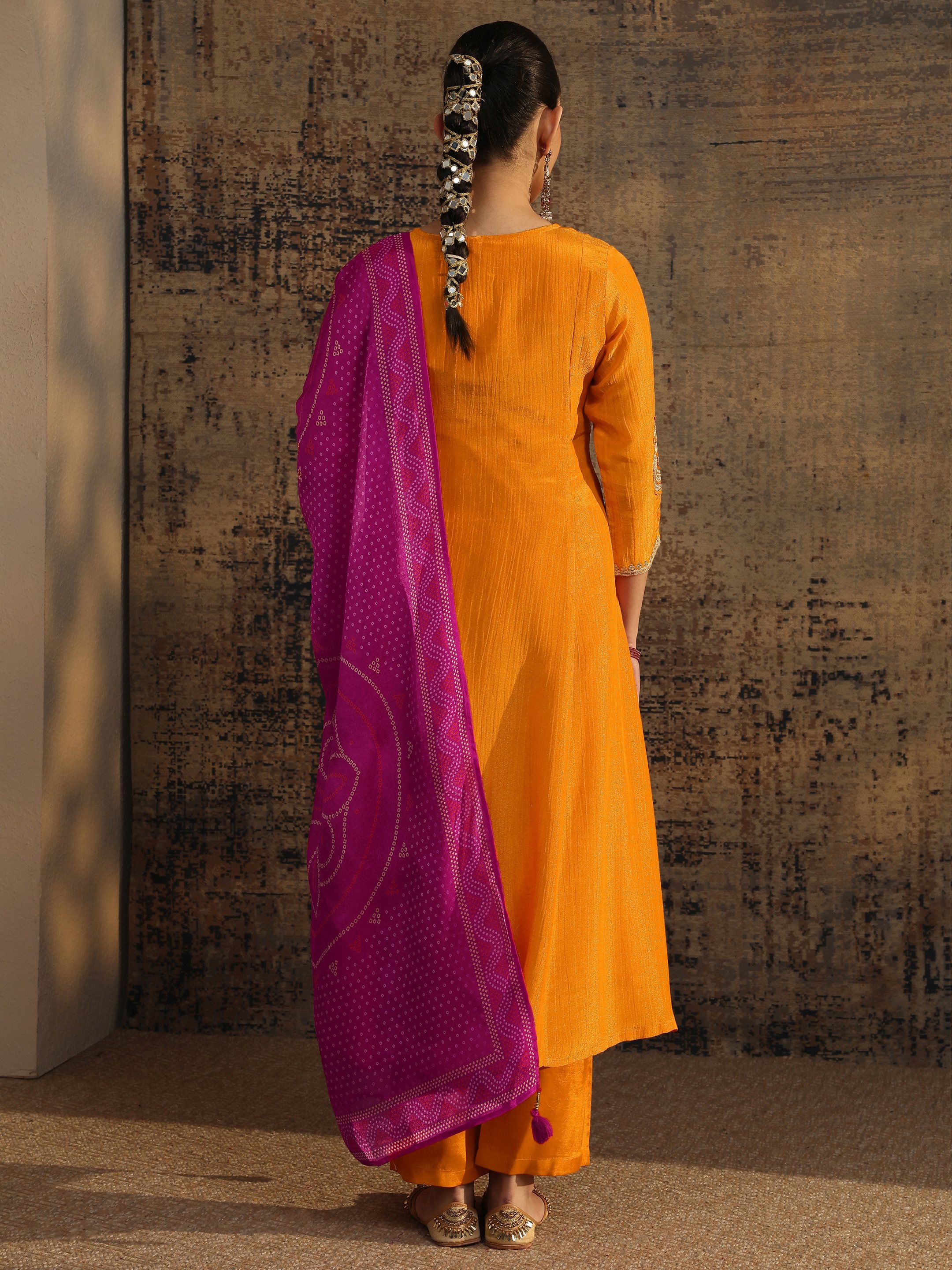 Orange Embroidered Silk Blend Anarkali Kurta, Trousers and Dupatta Set