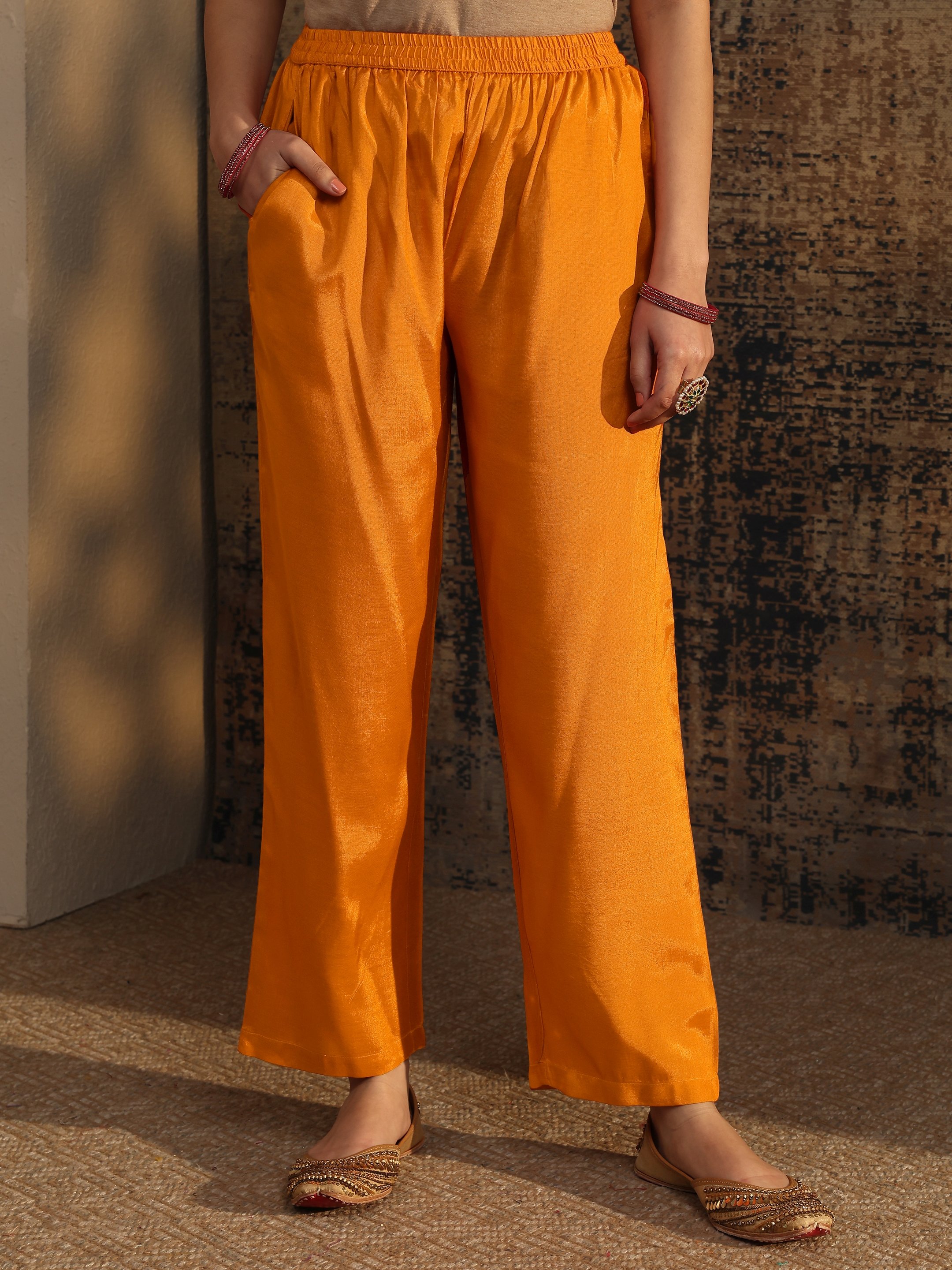 Orange Embroidered Silk Blend Anarkali Kurta, Trousers and Dupatta Set