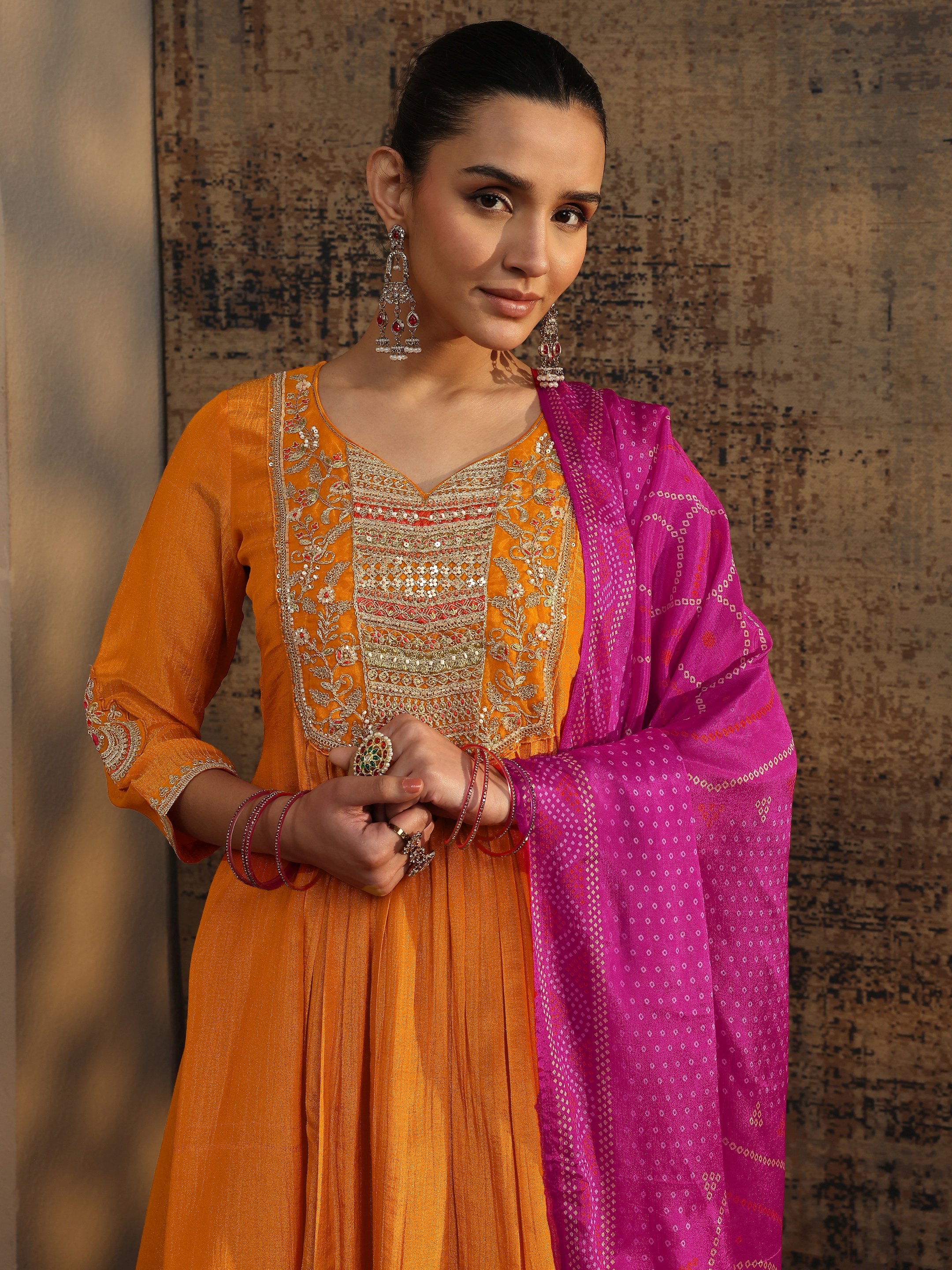 Orange Embroidered Silk Blend Anarkali Kurta, Trousers and Dupatta Set