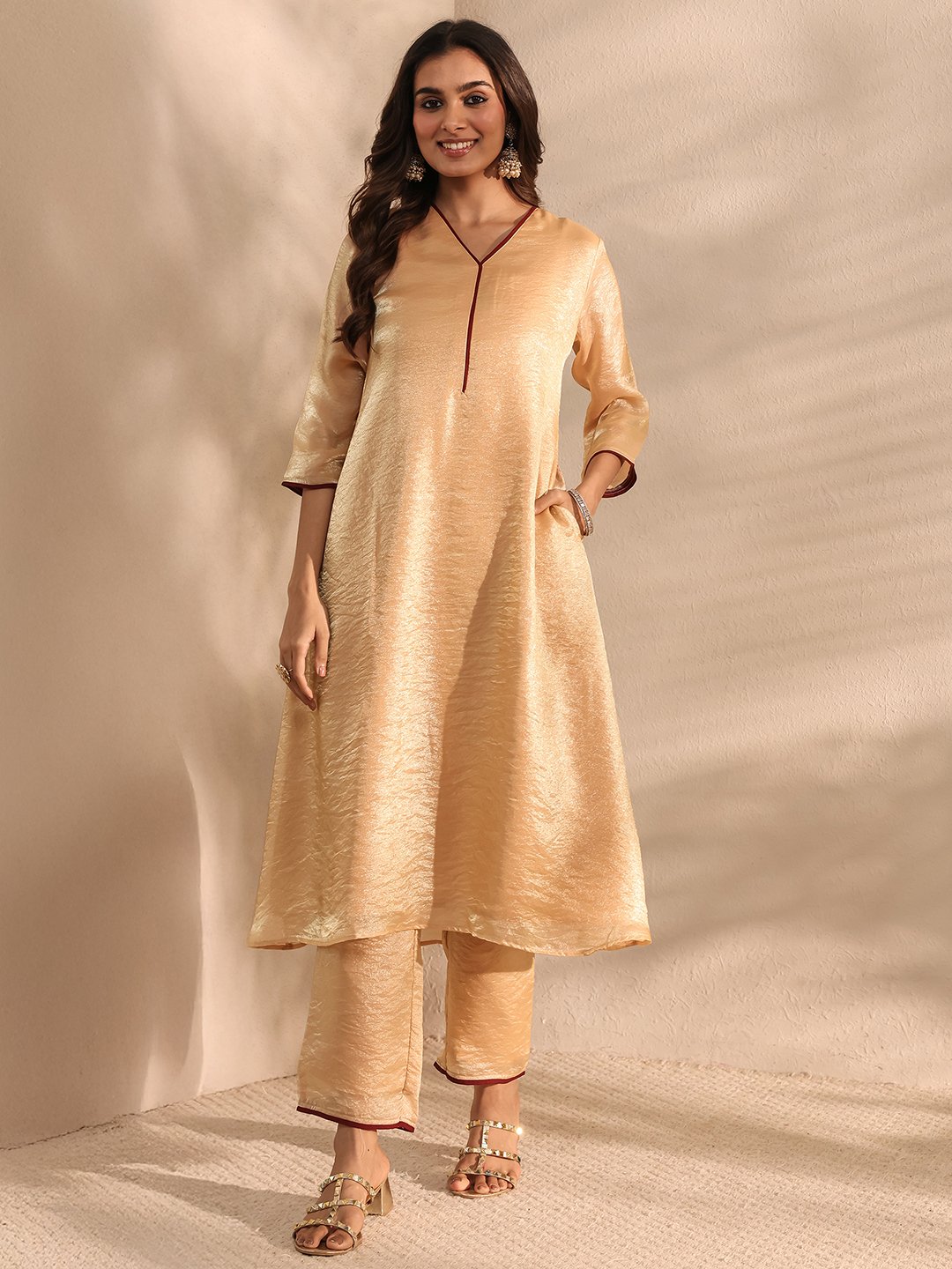 Beige Solid Silk Blend A-Line Kurta and Trousers Set