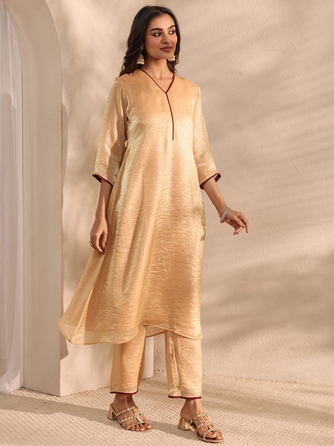 Beige Solid Silk Blend A-Line Kurta and Trousers Set