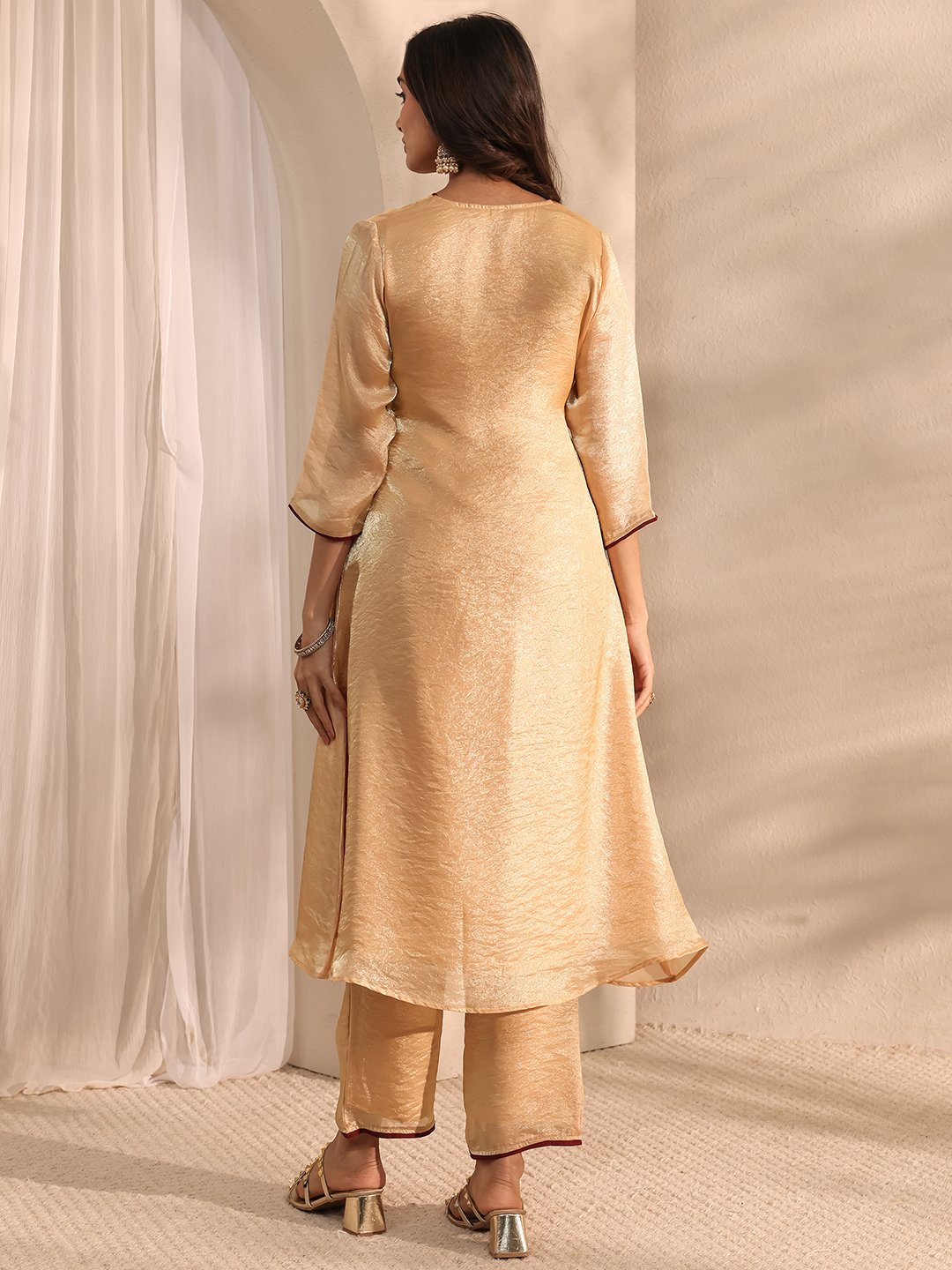 Beige Solid Silk Blend A-Line Kurta and Trousers Set