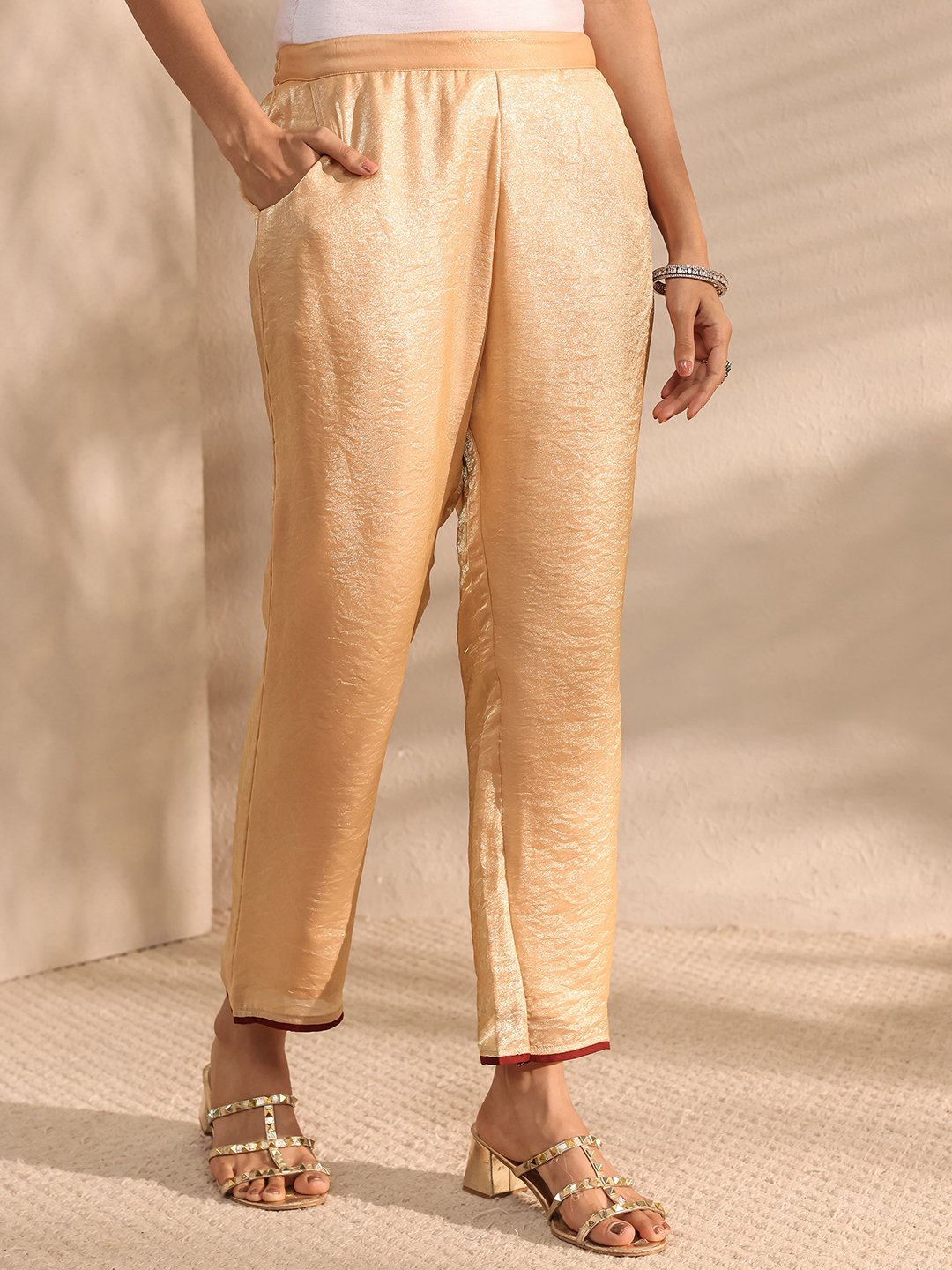 Beige Solid Silk Blend A-Line Kurta and Trousers Set
