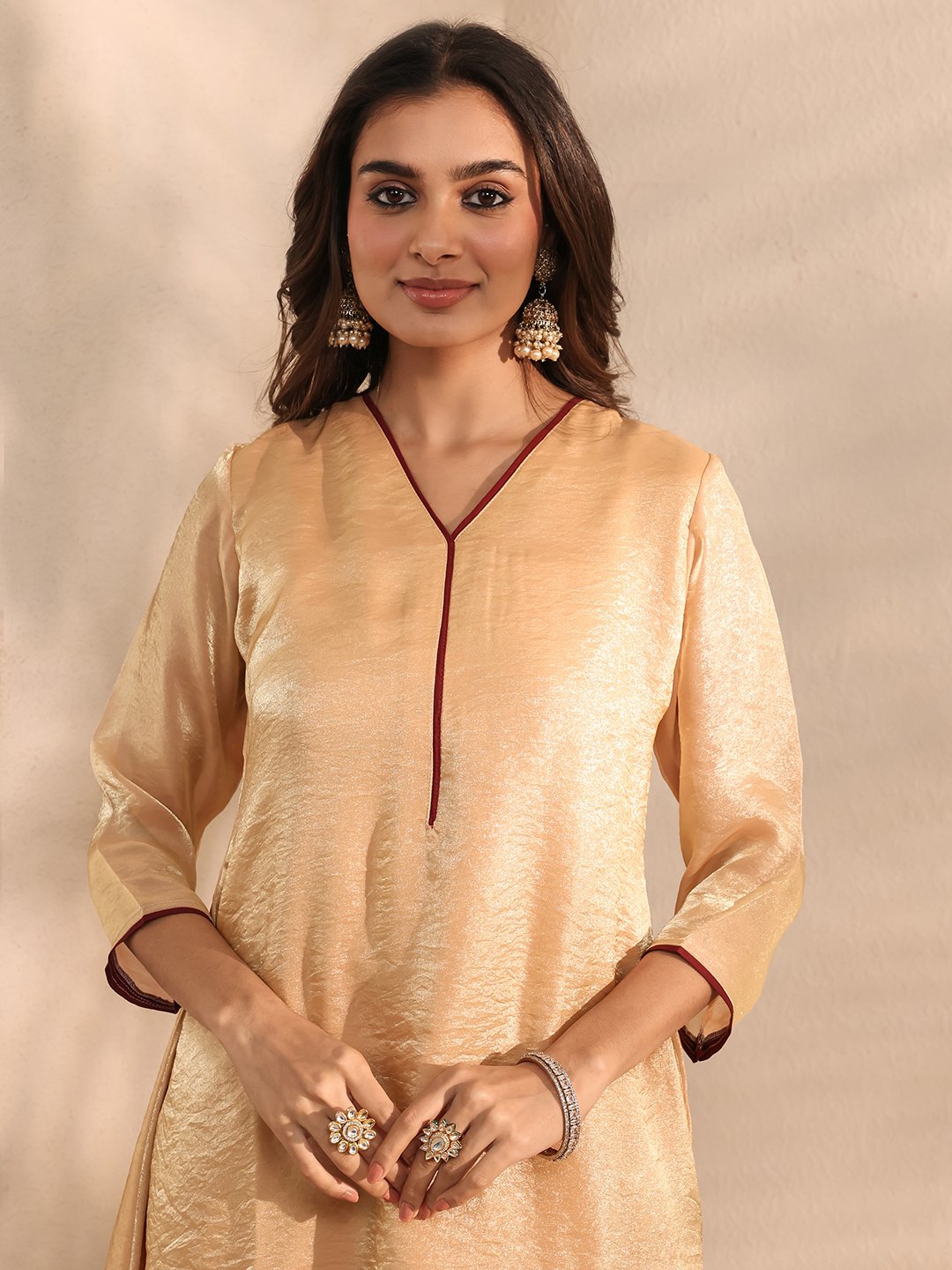 Beige Solid Silk Blend A-Line Kurta and Trousers Set