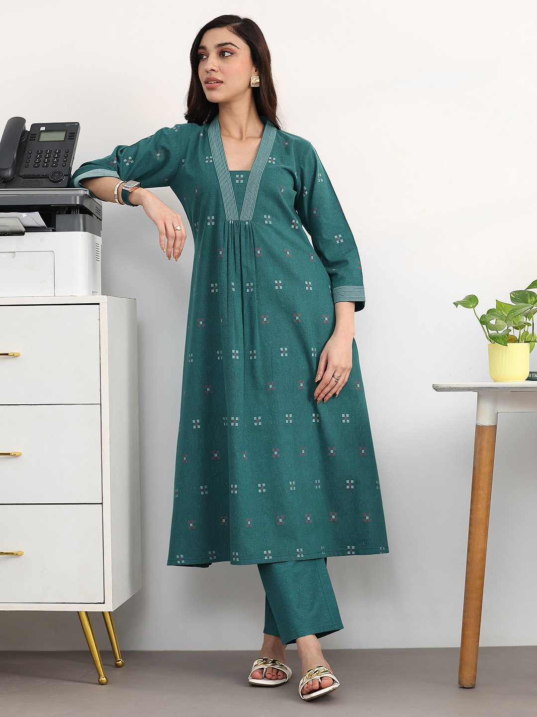 Teal Self Design Cotton Blend A-Line Kurta and Trousers Set