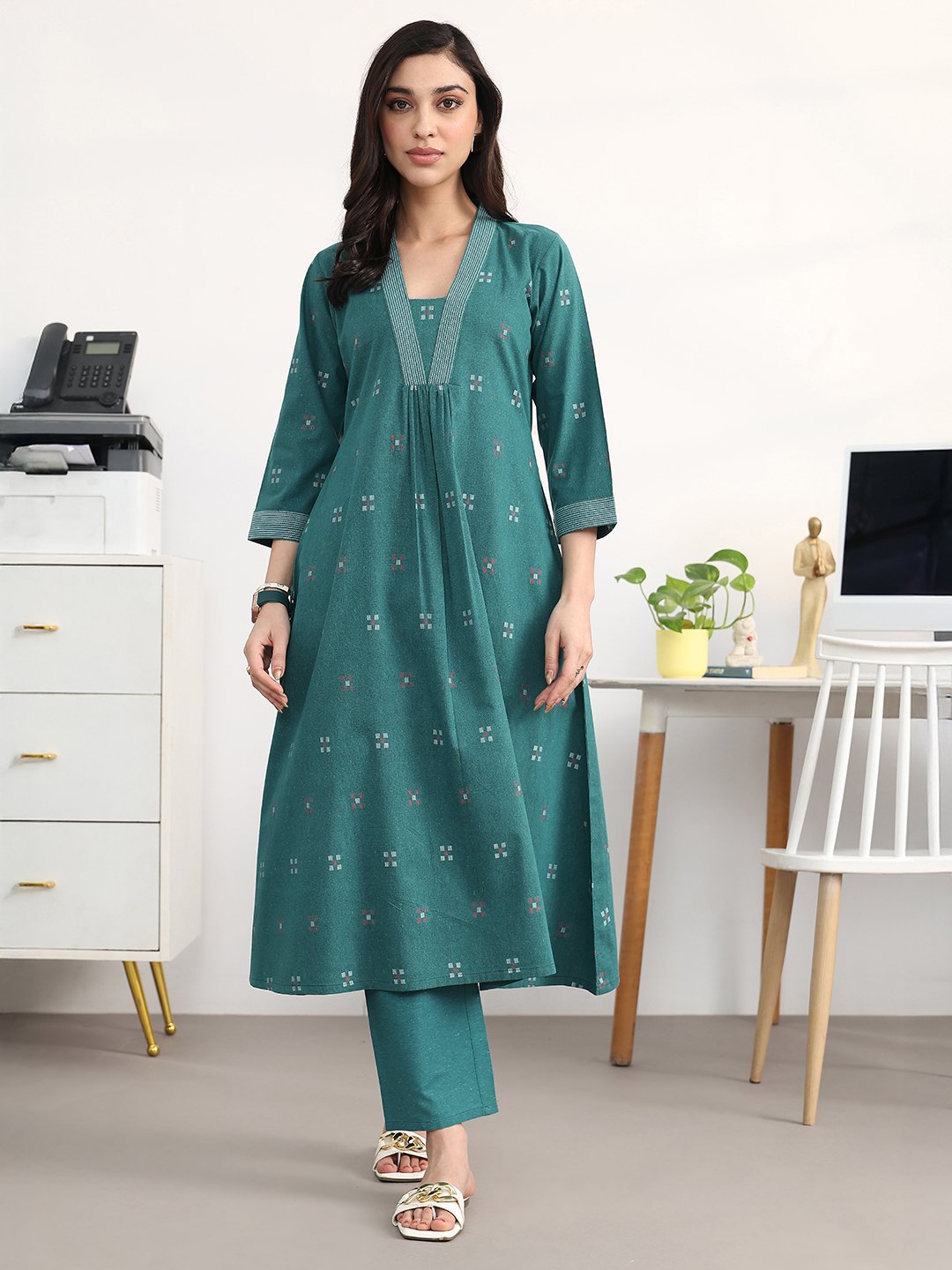 Teal Self Design Cotton Blend A-Line Kurta and Trousers Set