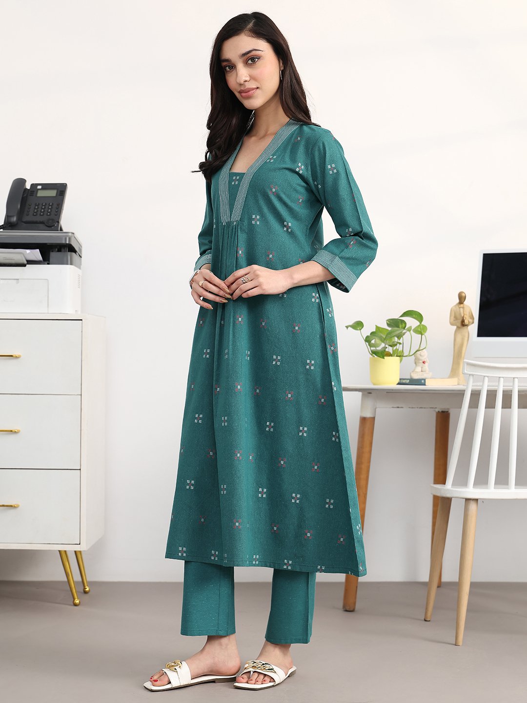 Teal Self Design Cotton Blend A-Line Kurta and Trousers Set
