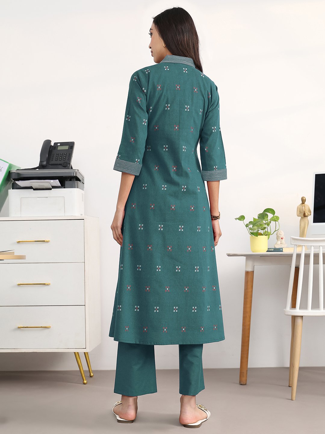 Teal Self Design Cotton Blend A-Line Kurta and Trousers Set