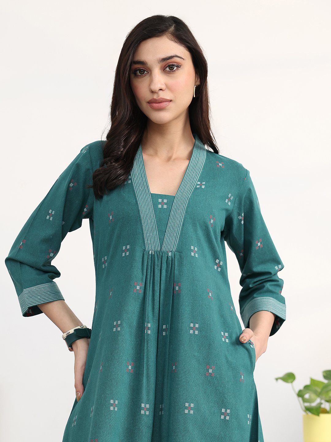 Teal Self Design Cotton Blend A-Line Kurta and Trousers Set